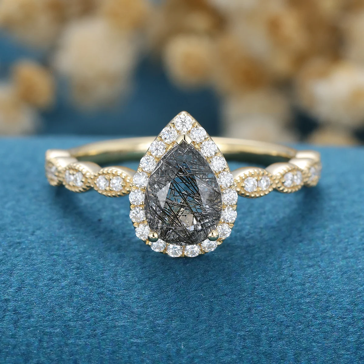 Pear Black Rutilated Quartz Halo Diamond Half Eternity Engagement ring - Image 3