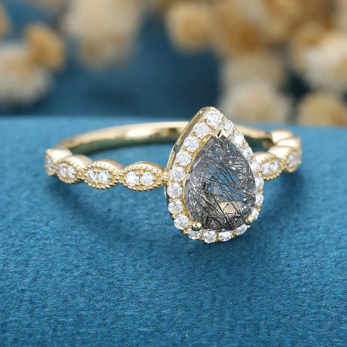 Pear Black Rutilated Quartz Halo Diamond Half Eternity Engagement ring - Image 4