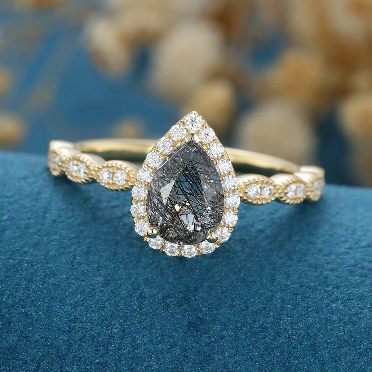 Pear Black Rutilated Quartz Halo Diamond Half Eternity Engagement ring - Image 5