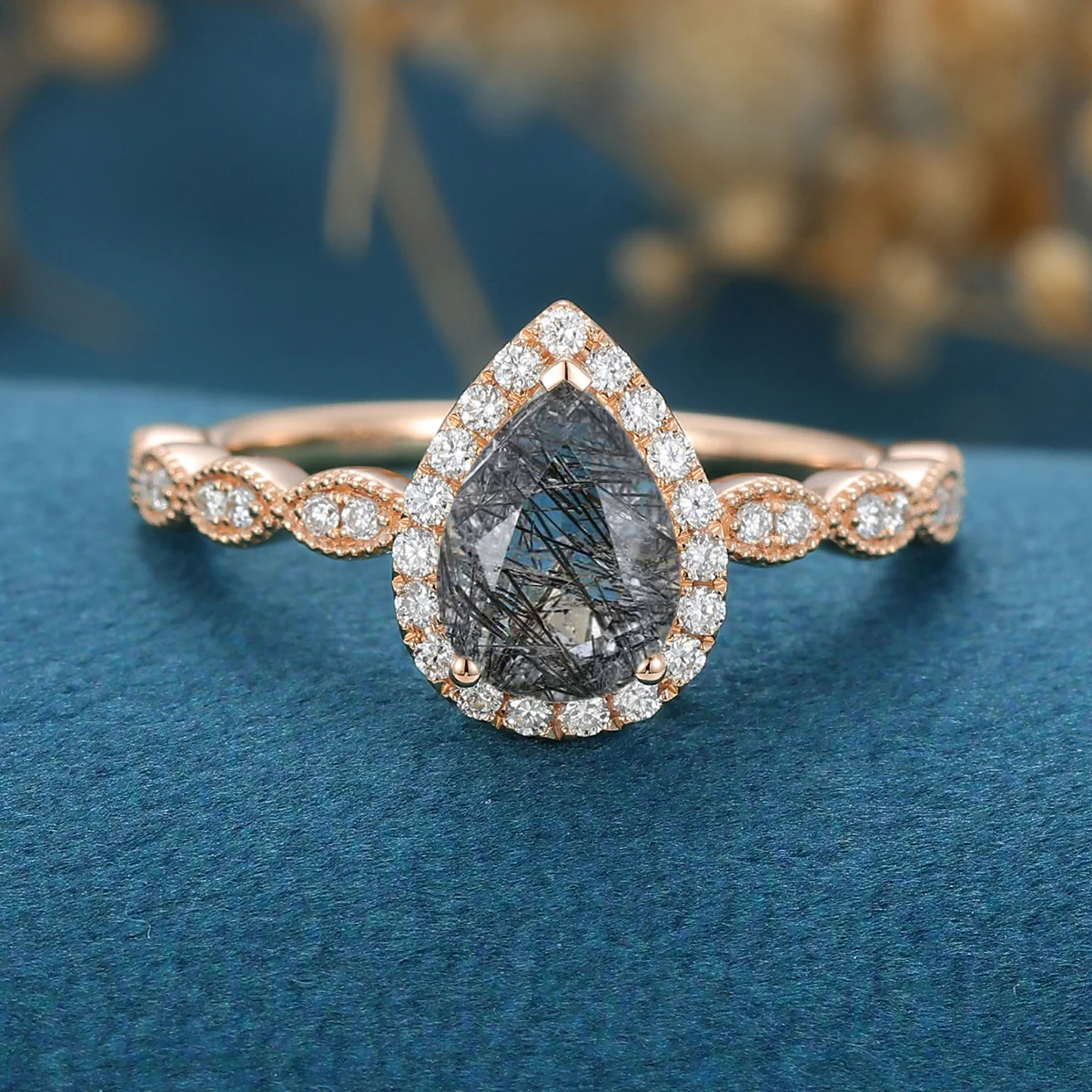 Pear Black Rutilated Quartz Halo Diamond Half Eternity Engagement ring - Image 9