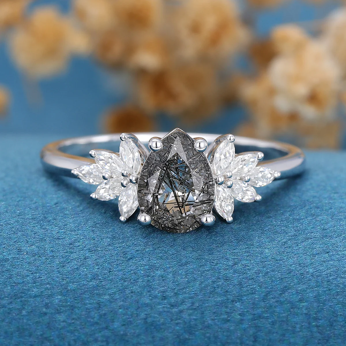 Pear cut Black Rutilated Quartz Cluster Engagement ring - Image 6