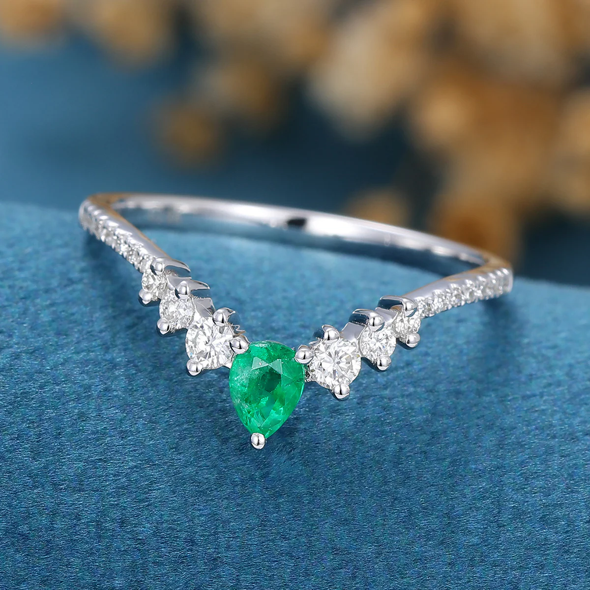 Pear shaped Emerald | half eternity moissanite Curved Wedding Band Ring - Image 6