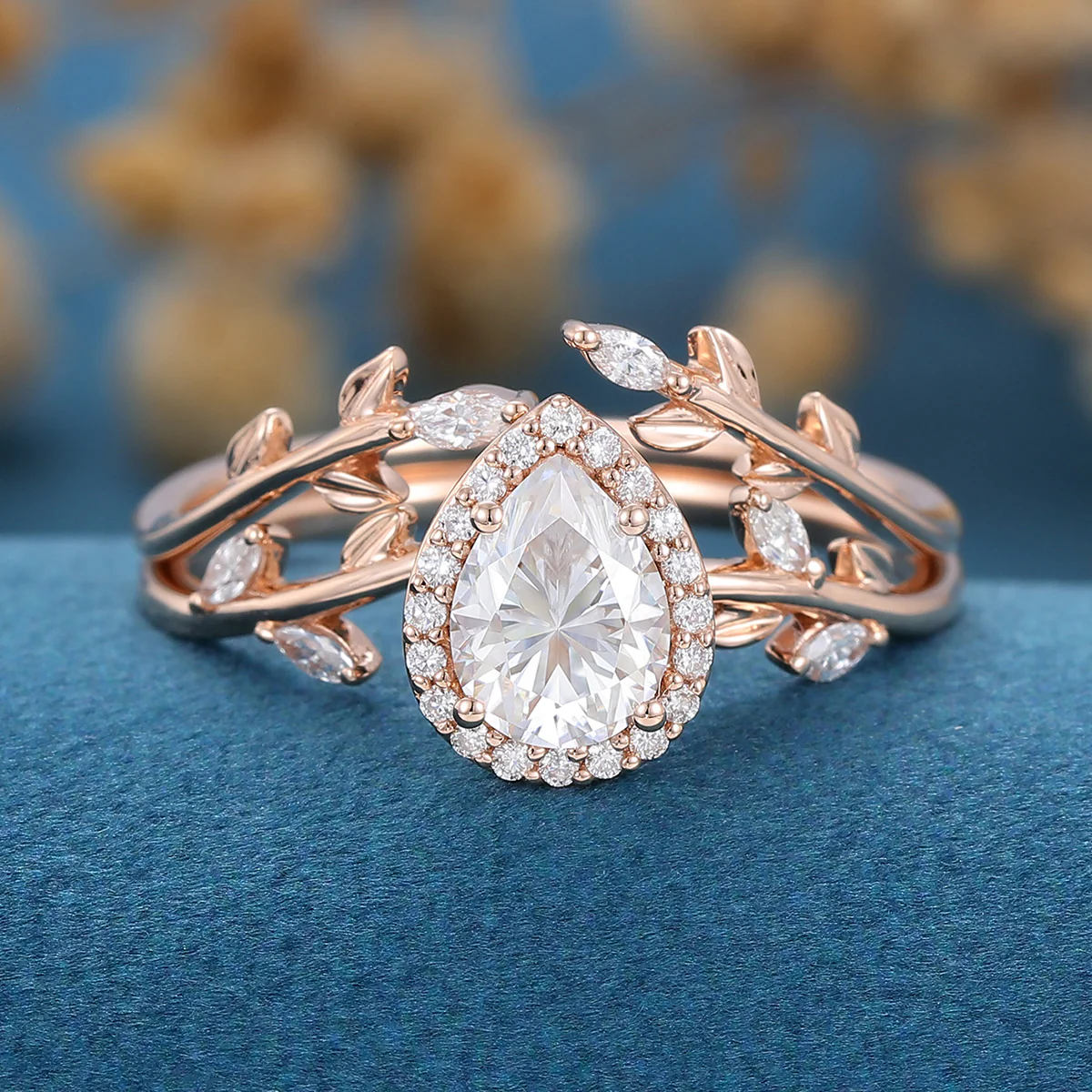 1.25 Carat Pear cut Moissanite leaf Engagement ring Bridal Set - Image 3