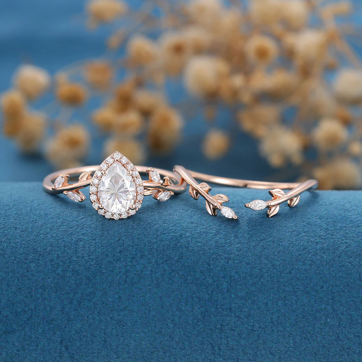 1.25 Carat Pear cut Moissanite leaf Engagement ring Bridal Set - Image 4