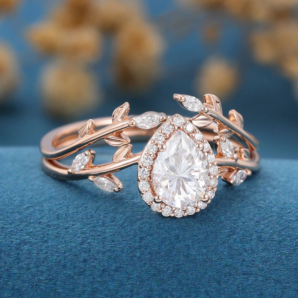 1.25 Carat Pear cut Moissanite leaf Engagement ring Bridal Set - Image 5