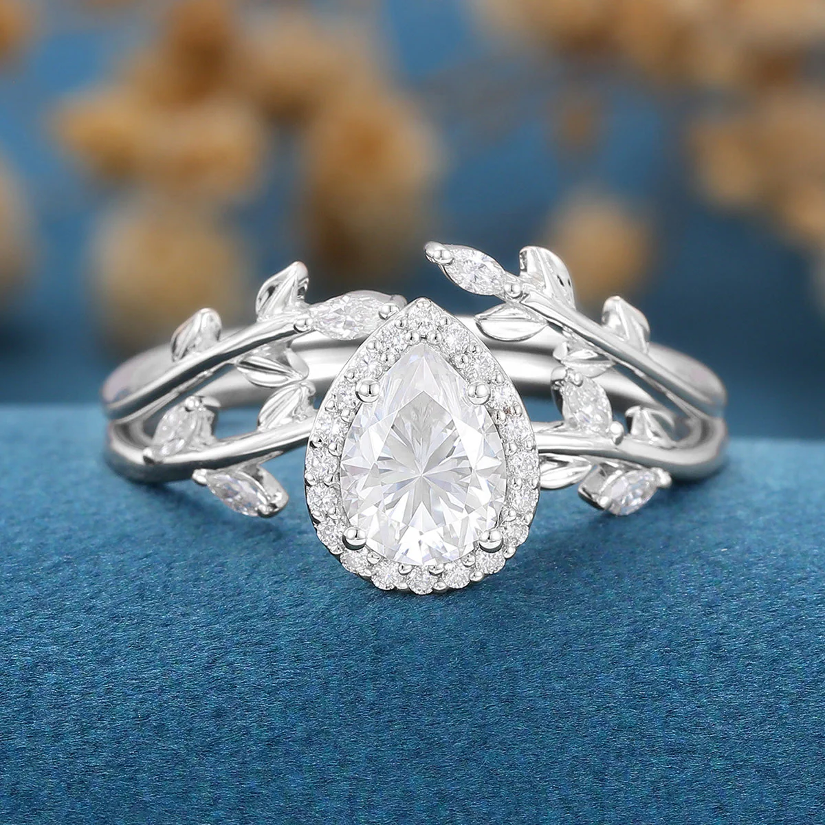 1.25 Carat Pear cut Moissanite leaf Engagement ring Bridal Set - Image 6
