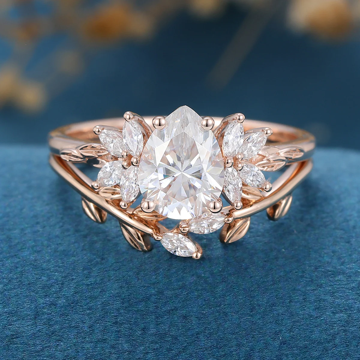 Pear cut Moissanite Cluster Engagement ring Bridal Set - Image 3