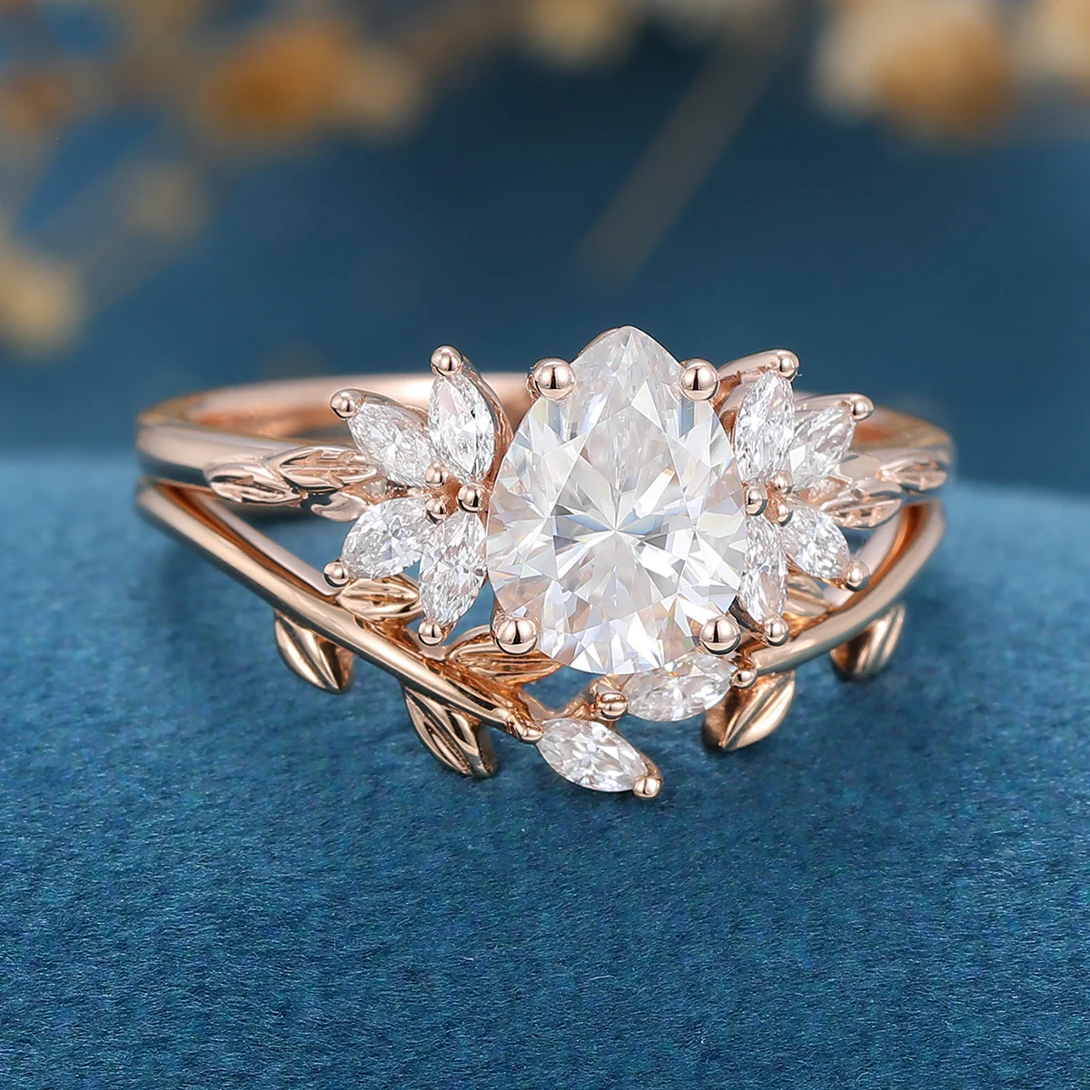 Pear cut Moissanite Cluster Engagement ring Bridal Set - Image 5