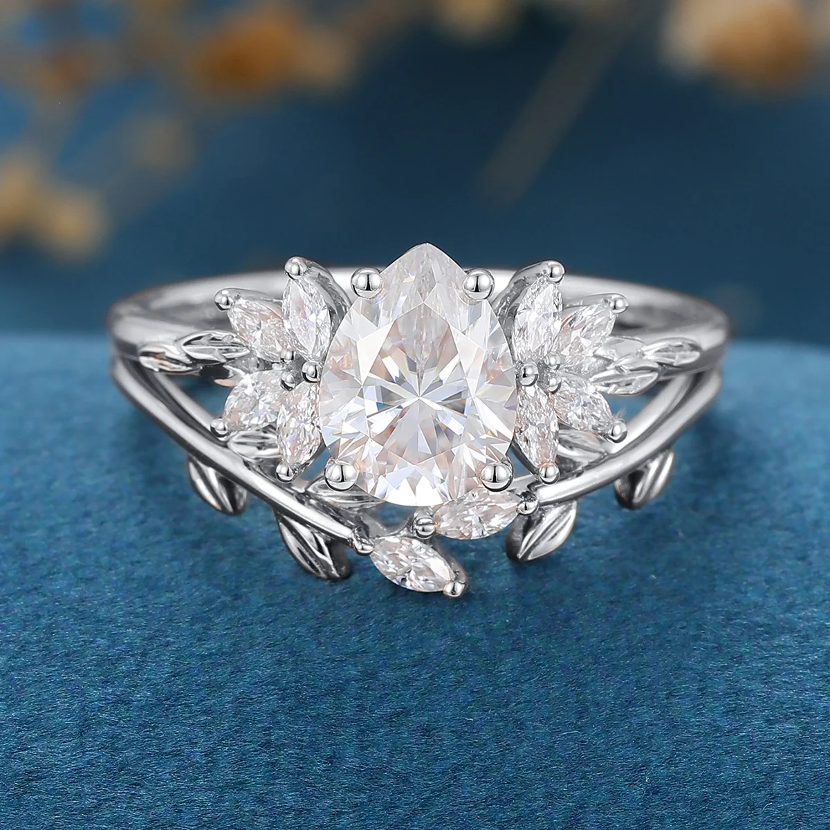 Pear cut Moissanite Cluster Engagement ring Bridal Set - Image 6
