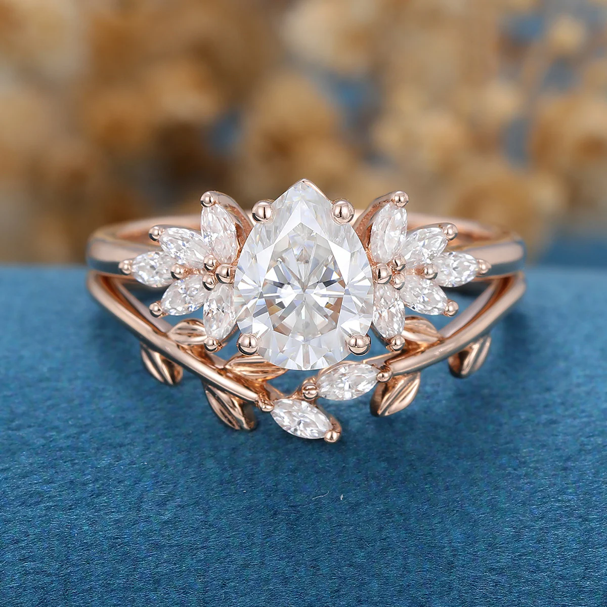 Pear Moissanite Cluster Engagement ring Bridal Set - Image 3