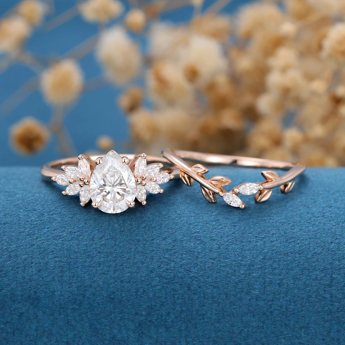 Pear Moissanite Cluster Engagement ring Bridal Set - Image 4