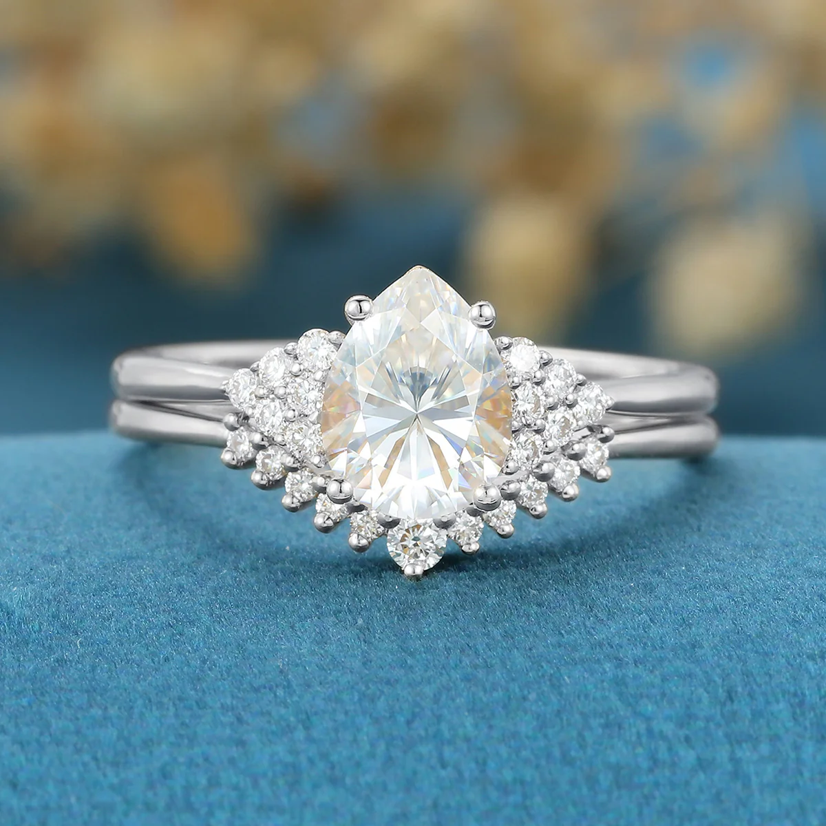 1.2 Carat Vintage Pear shaped Moissanite Engagement ring Bridal Set - Image 8