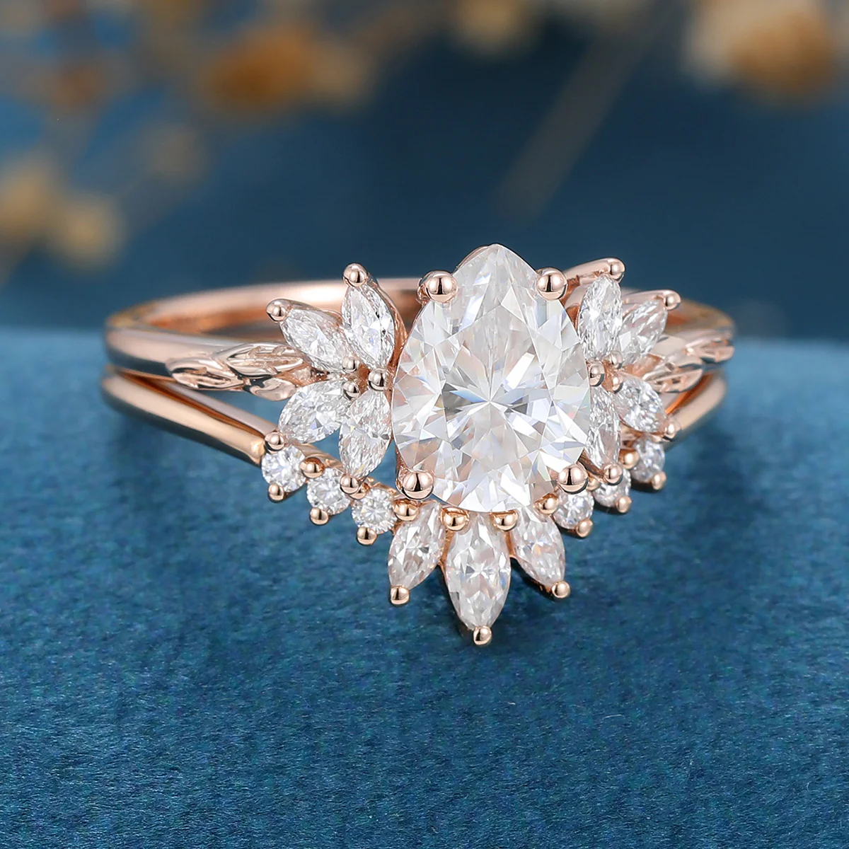 Pear cut Moissanite Cluster Engagement ring Bridal Set - Image 5