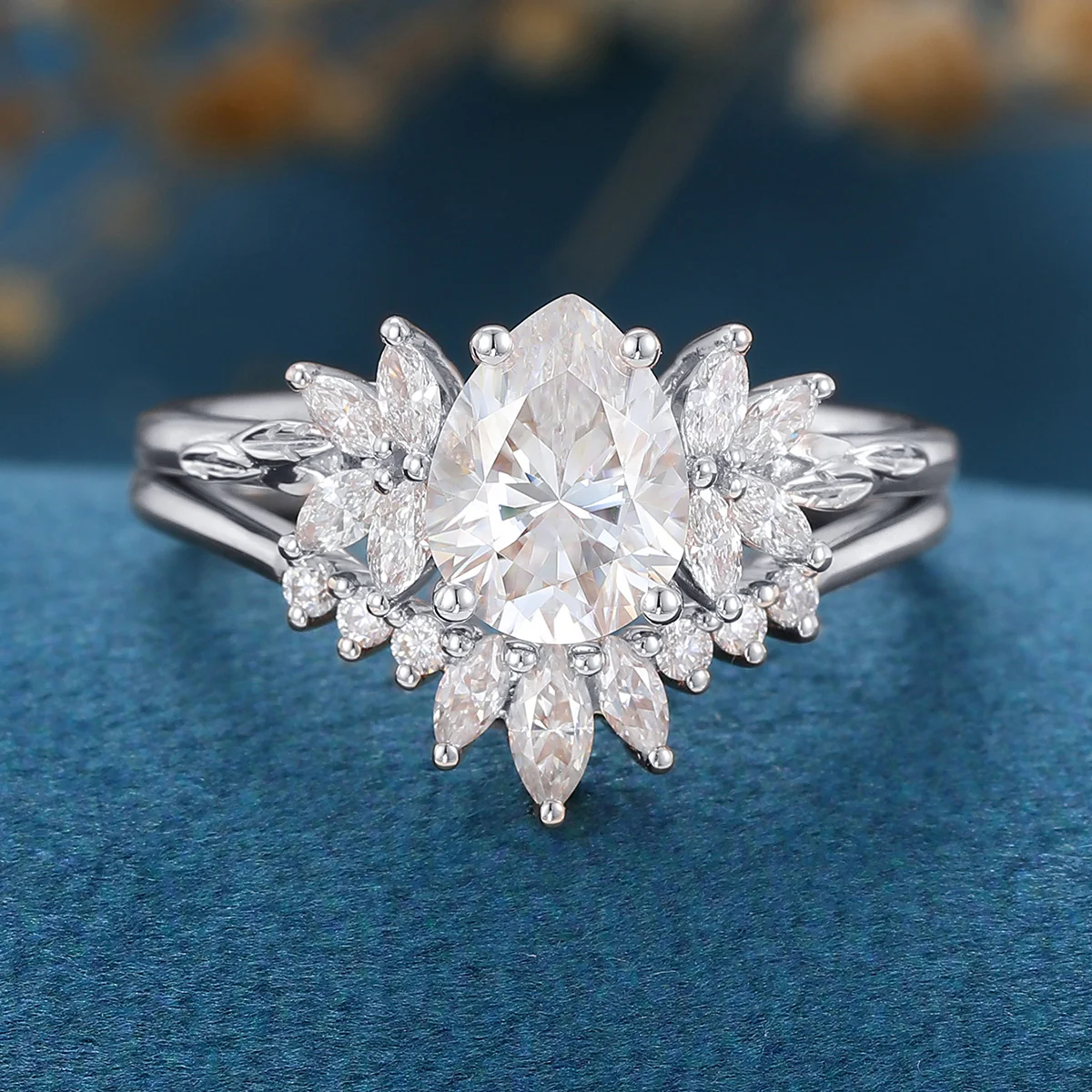 Pear cut Moissanite Cluster Engagement ring Bridal Set - Image 6