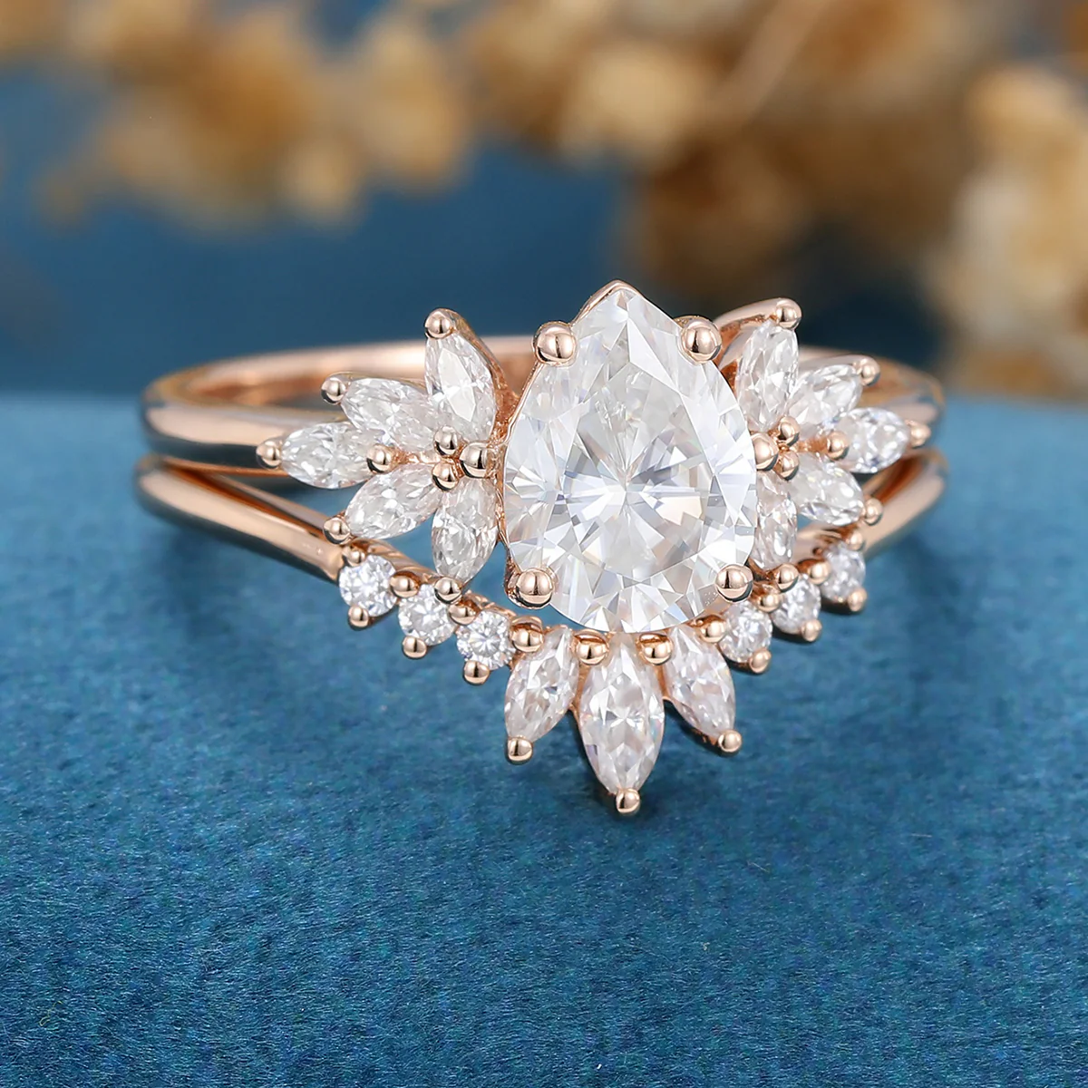 Pear cut Moissanite Cluster Engagement ring Bridal Set - Image 5