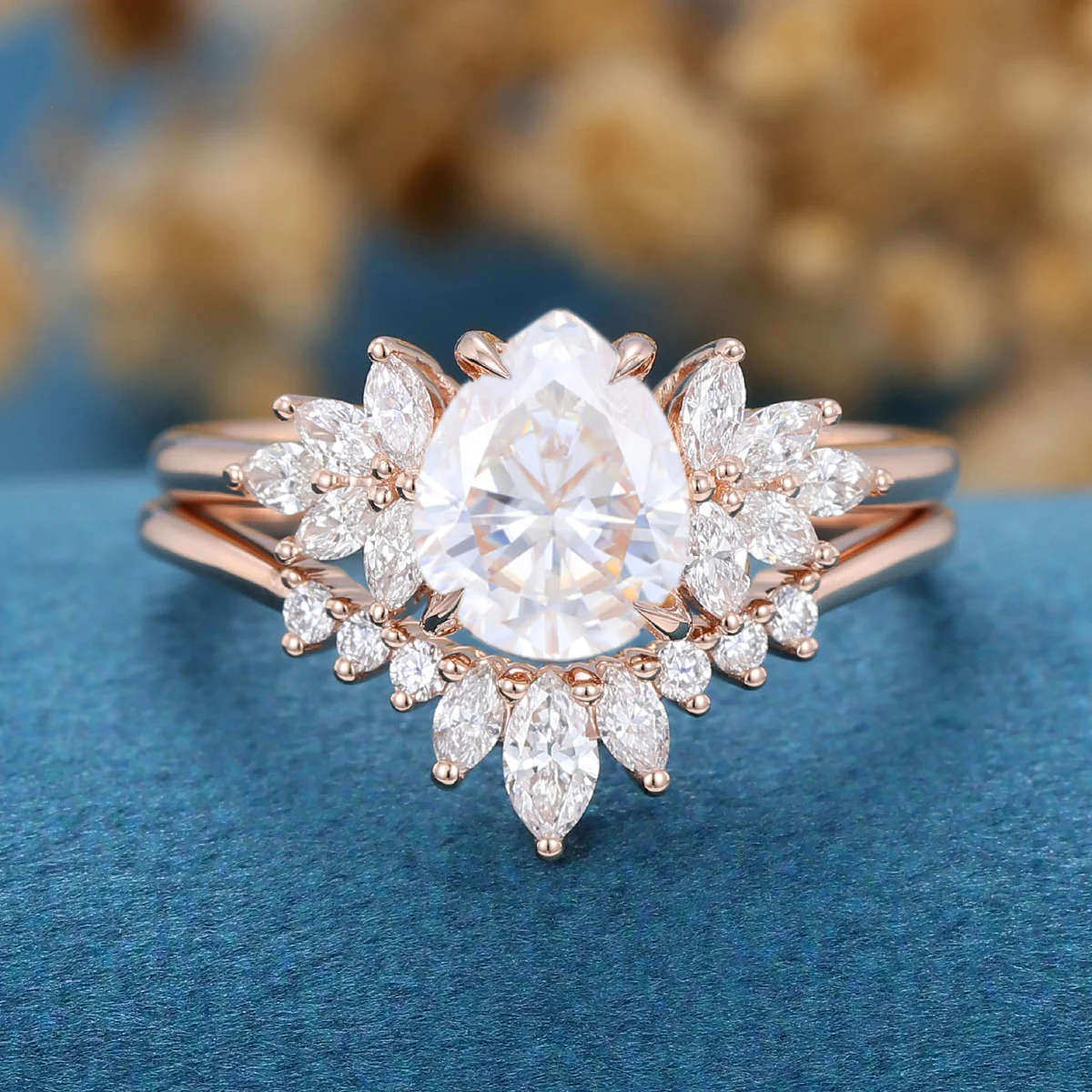 Pear cut Moissanite Cluster Engagement ring Bridal Set - Image 6