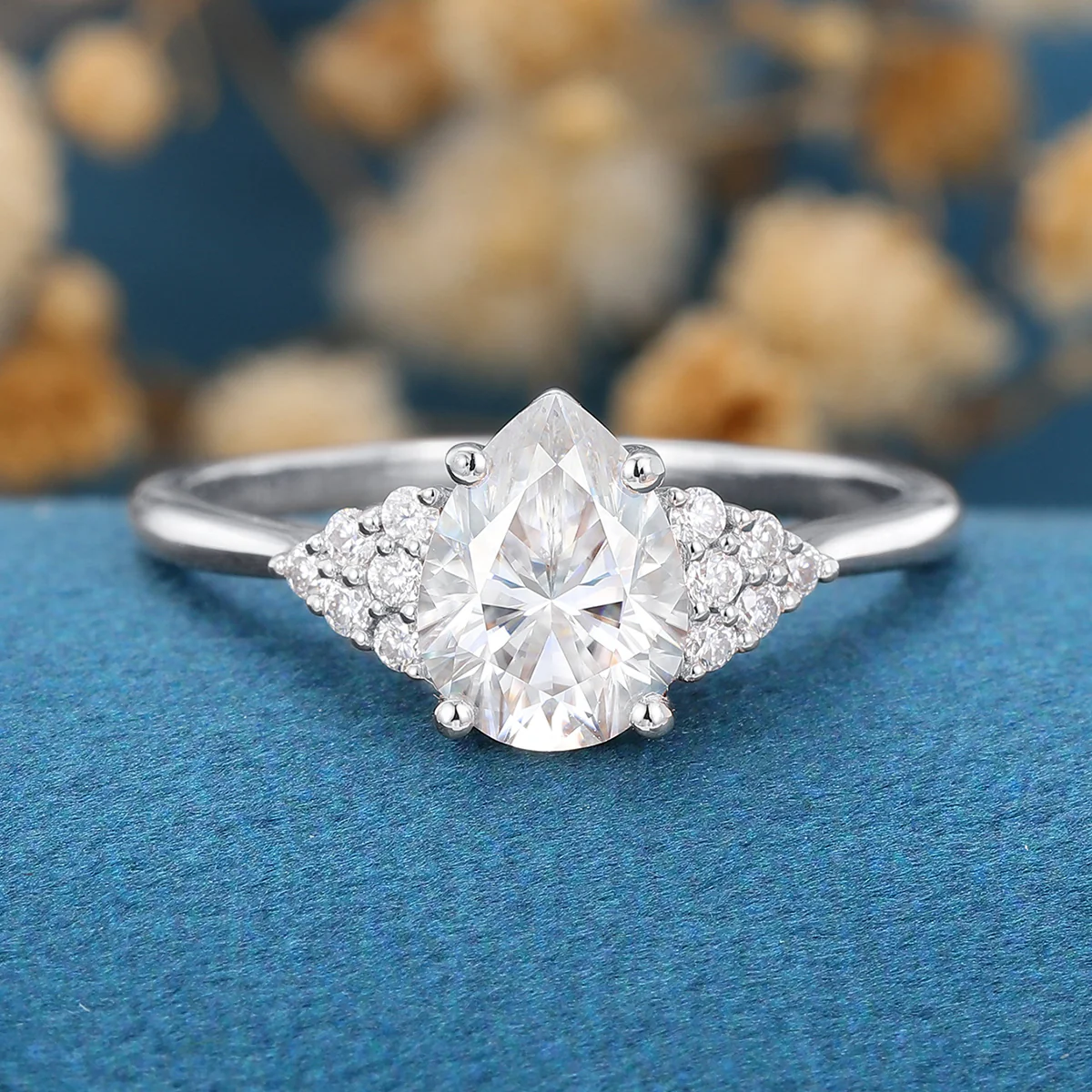 1.2Carat Vintage Pear shaped Moissanite Cluster Engagement Ring - Image 8