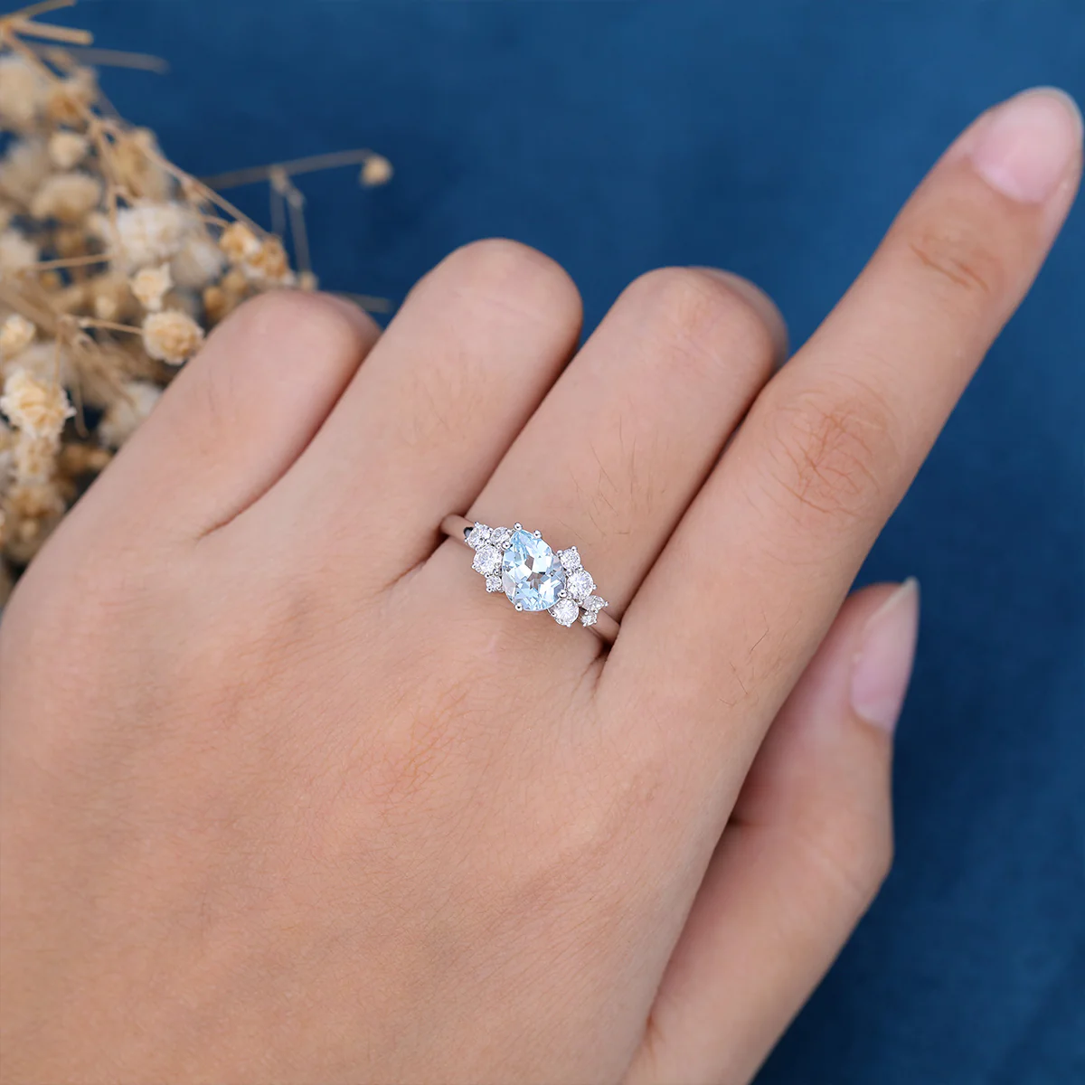 Pear cut Aquamarine Cluste Engagement ring Bridal Set - Image 3