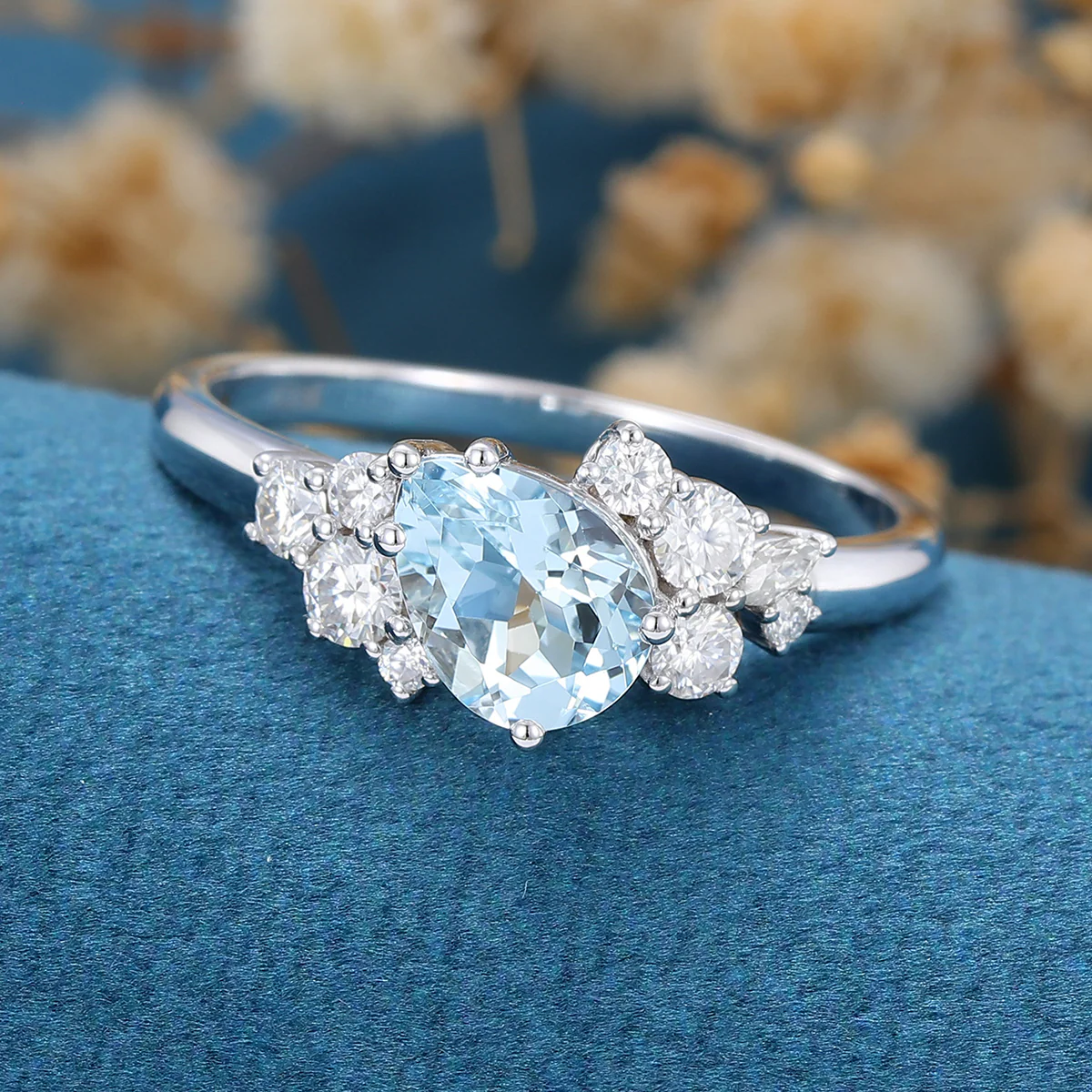 Pear cut Aquamarine Cluste Engagement ring Bridal Set - Image 4