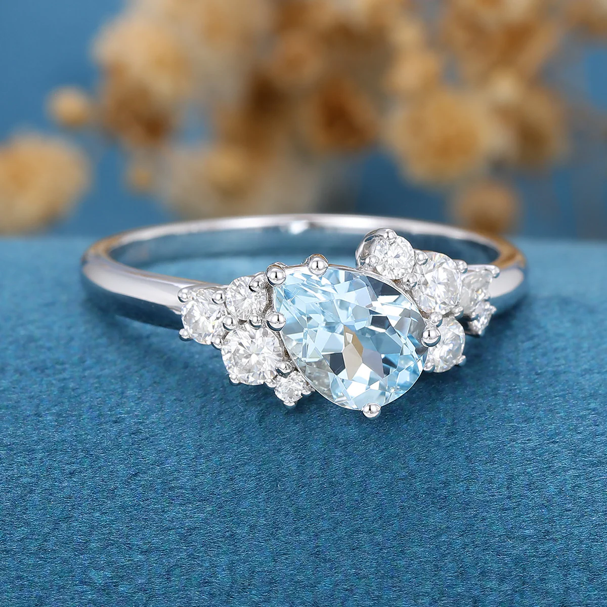 Pear cut Aquamarine Cluste Engagement ring Bridal Set - Image 5