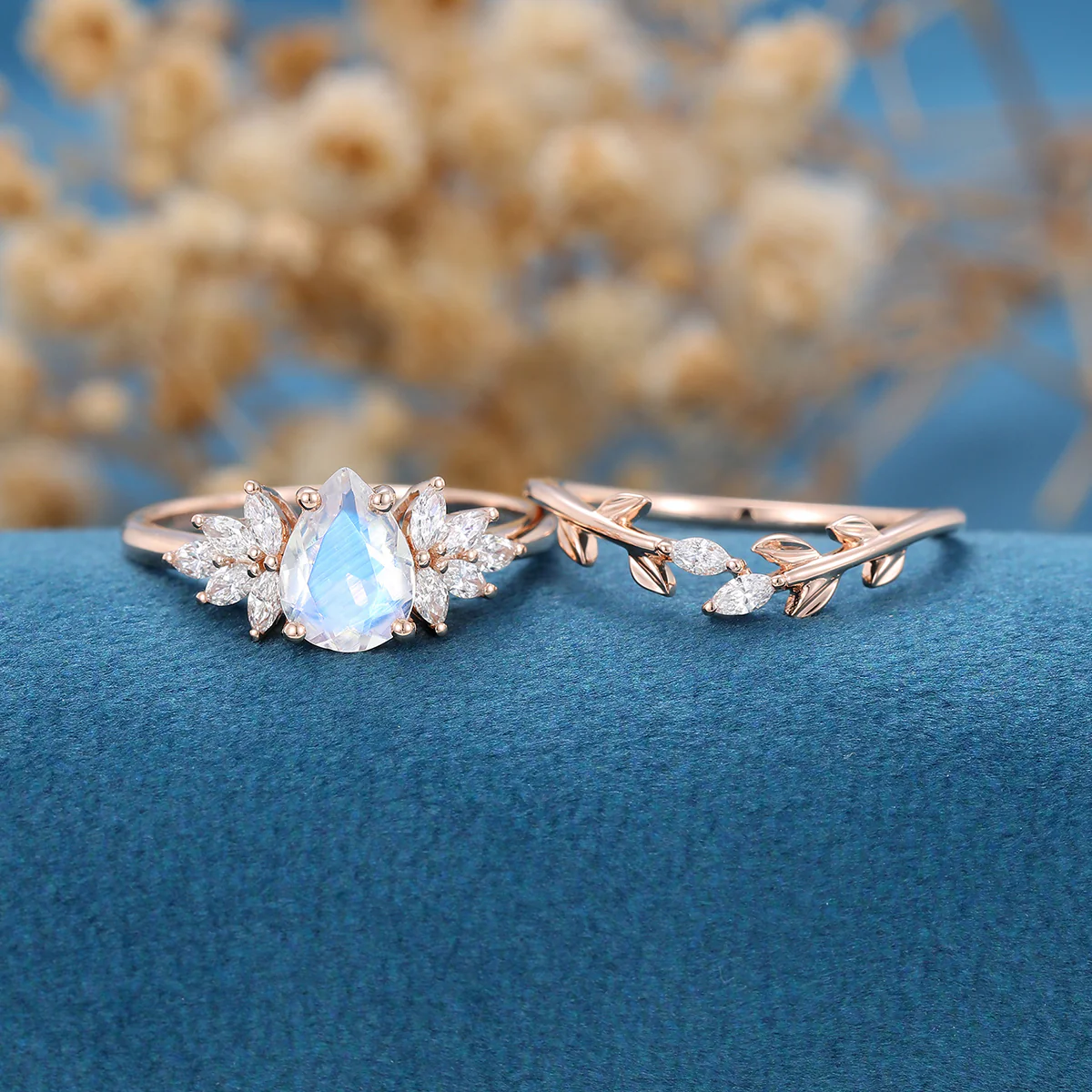 2PCS Pear Moonstone Engagement Ring Bridal Set - Image 3