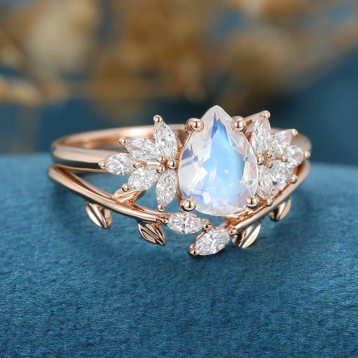 2PCS Pear Moonstone Engagement Ring Bridal Set - Image 4