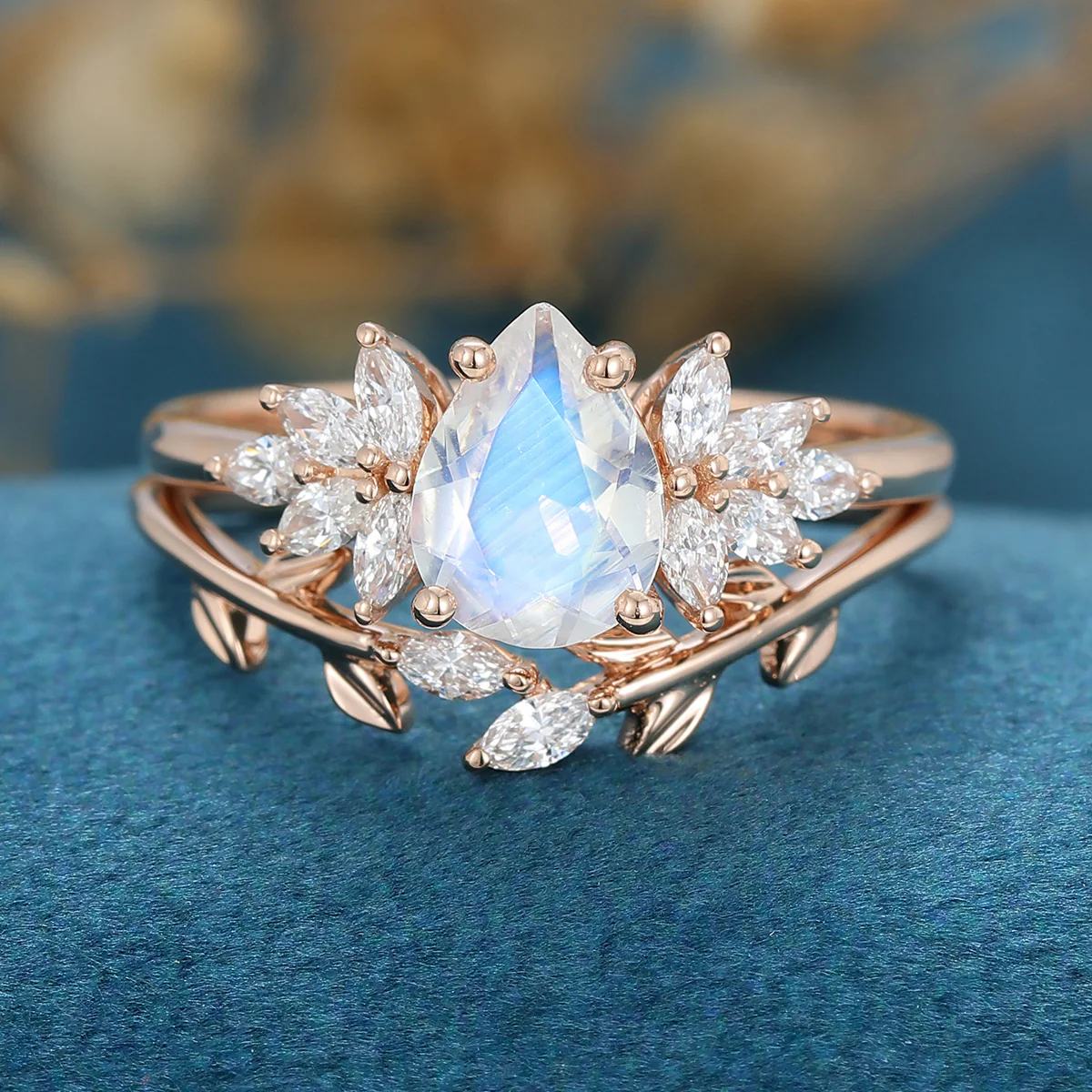2PCS Pear Moonstone Engagement Ring Bridal Set - Image 5