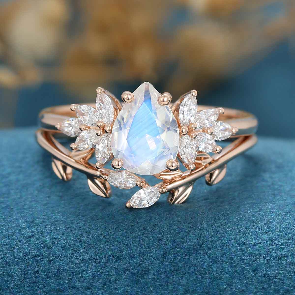 2PCS Pear Moonstone Engagement Ring Bridal Set - Image 6