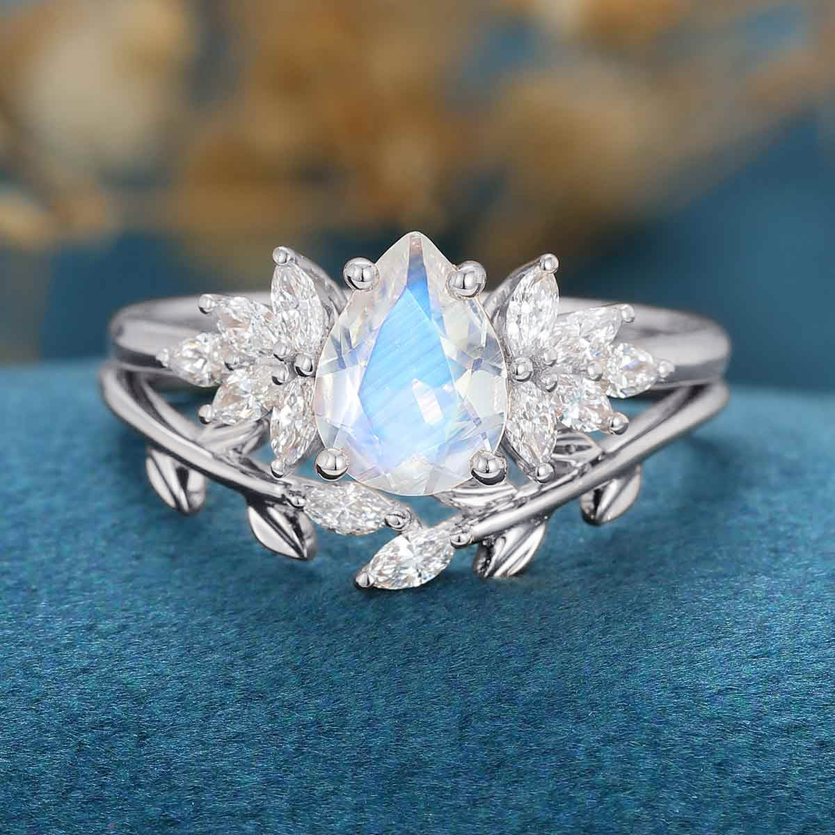 2PCS Pear Moonstone Engagement Ring Bridal Set - Image 7
