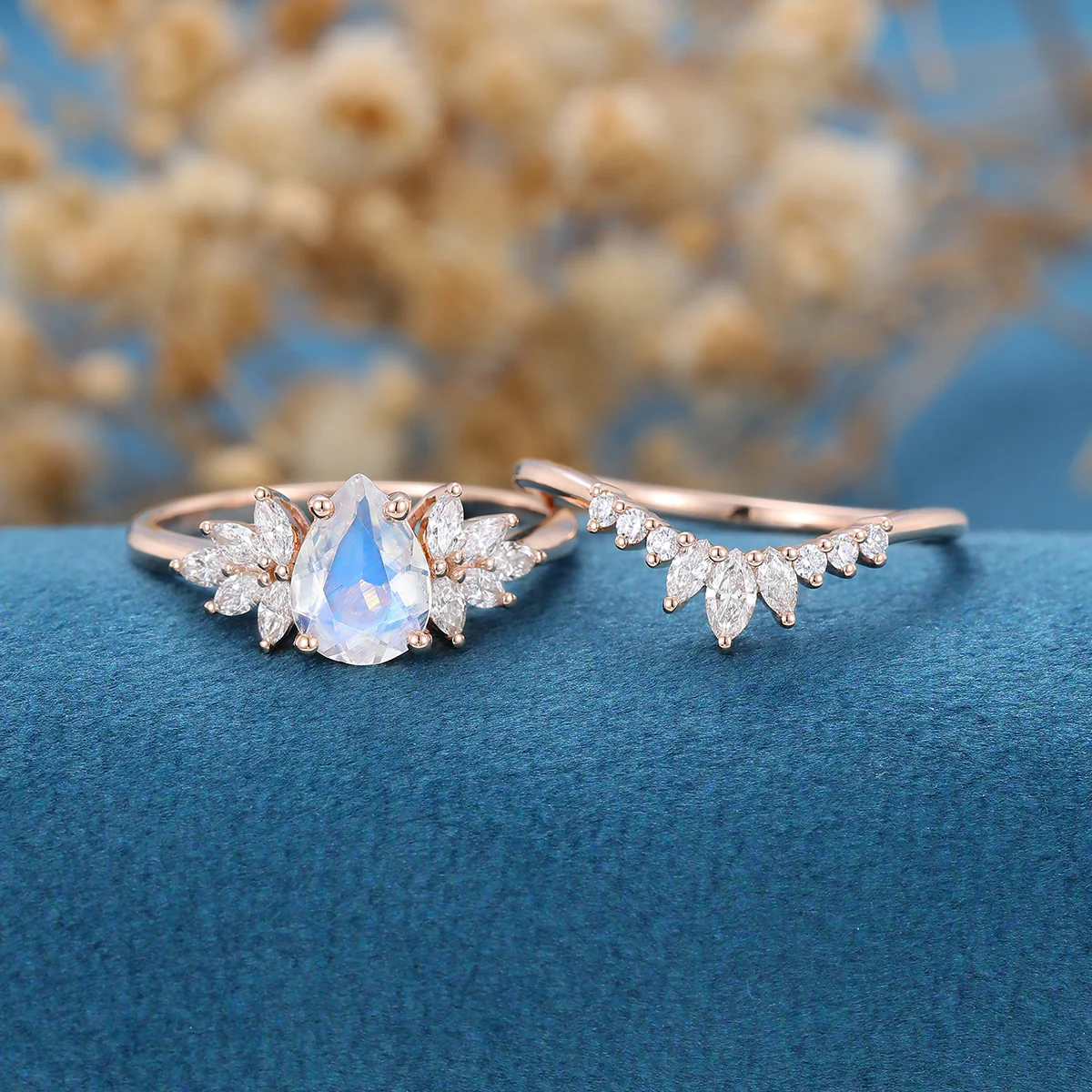2PCS Pear Moonstone Engagement Ring Bridal Set - Image 3