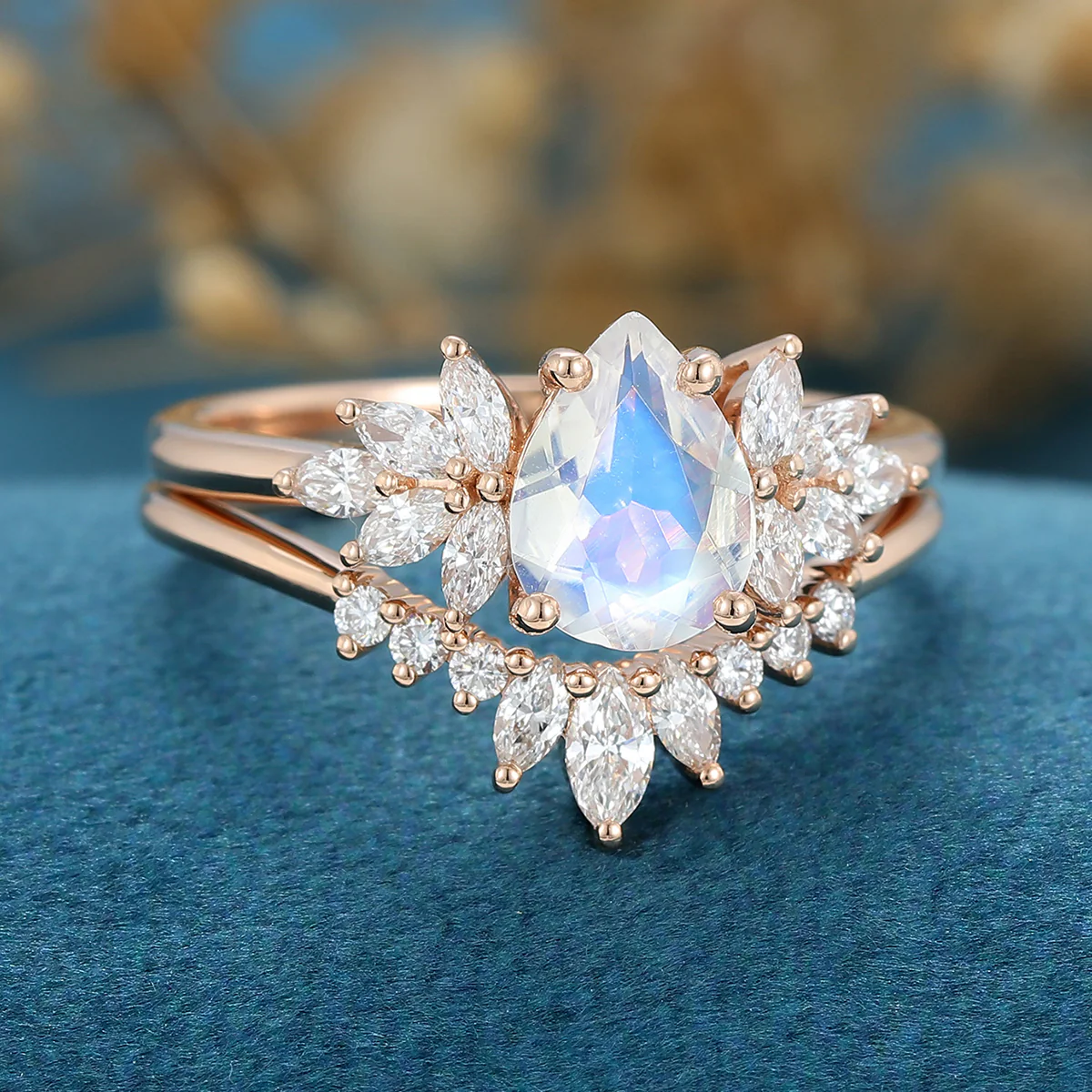 2PCS Pear Moonstone Engagement Ring Bridal Set - Image 4