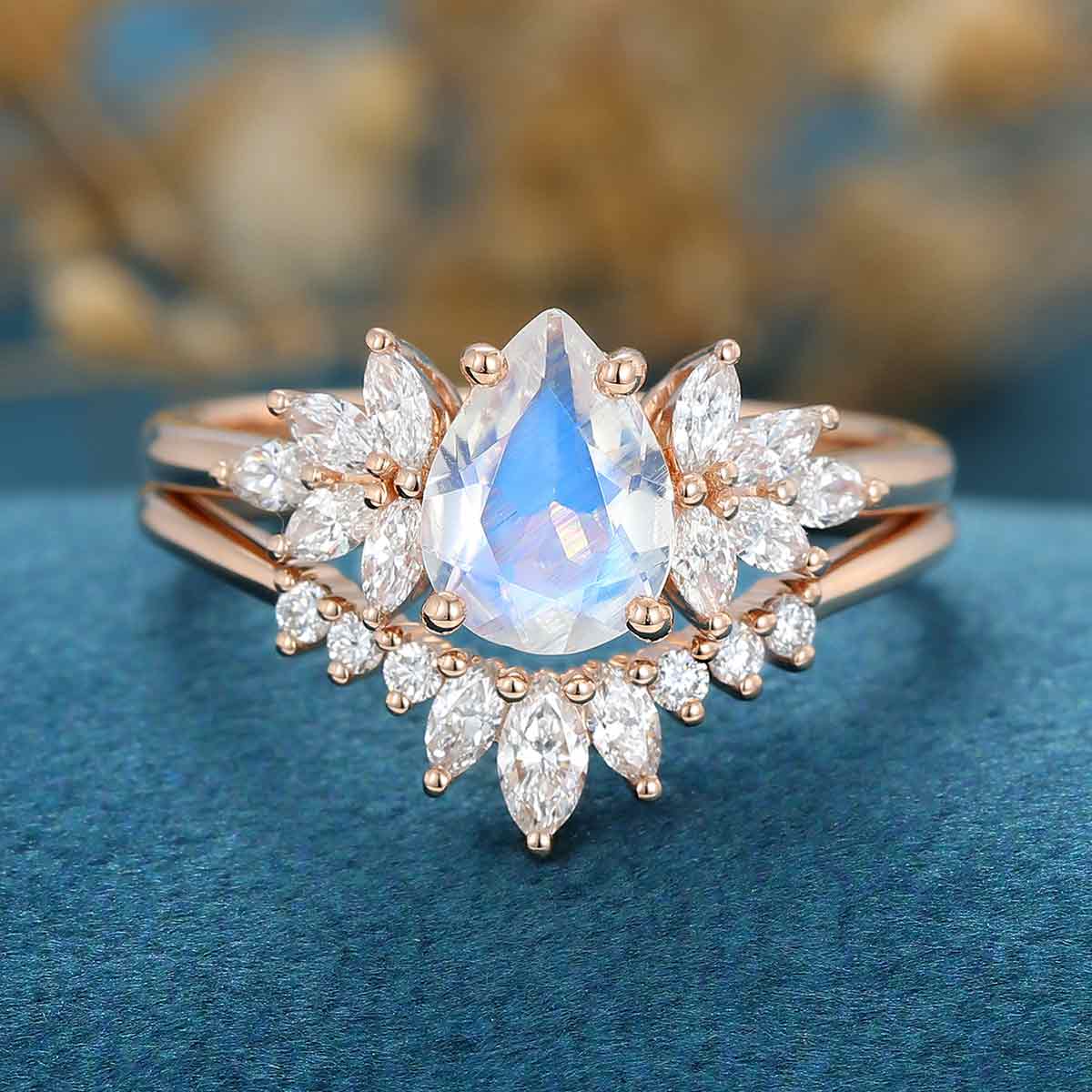2PCS Pear Moonstone Engagement Ring Bridal Set - Image 5