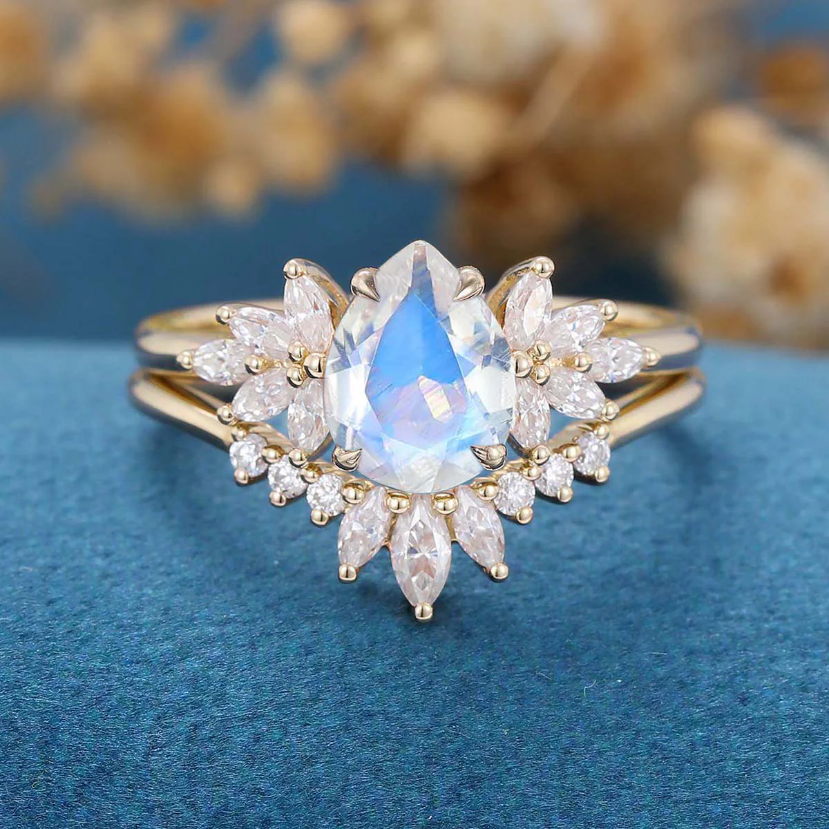 2PCS Pear Moonstone Engagement Ring Bridal Set - Image 6