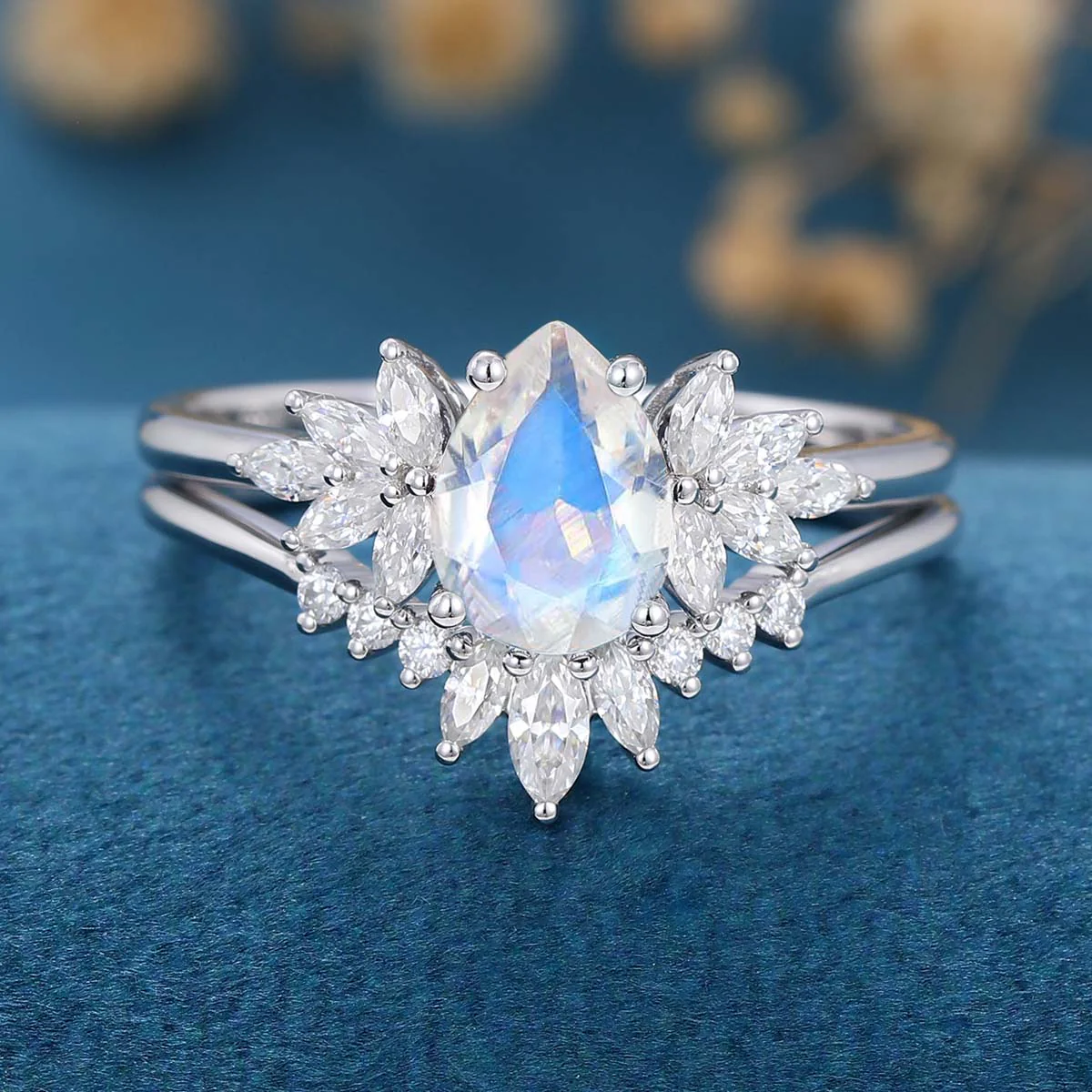 2PCS Pear Moonstone Engagement Ring Bridal Set - Image 7