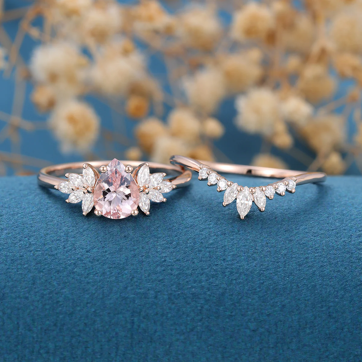 Pear cut Morganite Cluster Engagement ring Bridal Set - Image 3