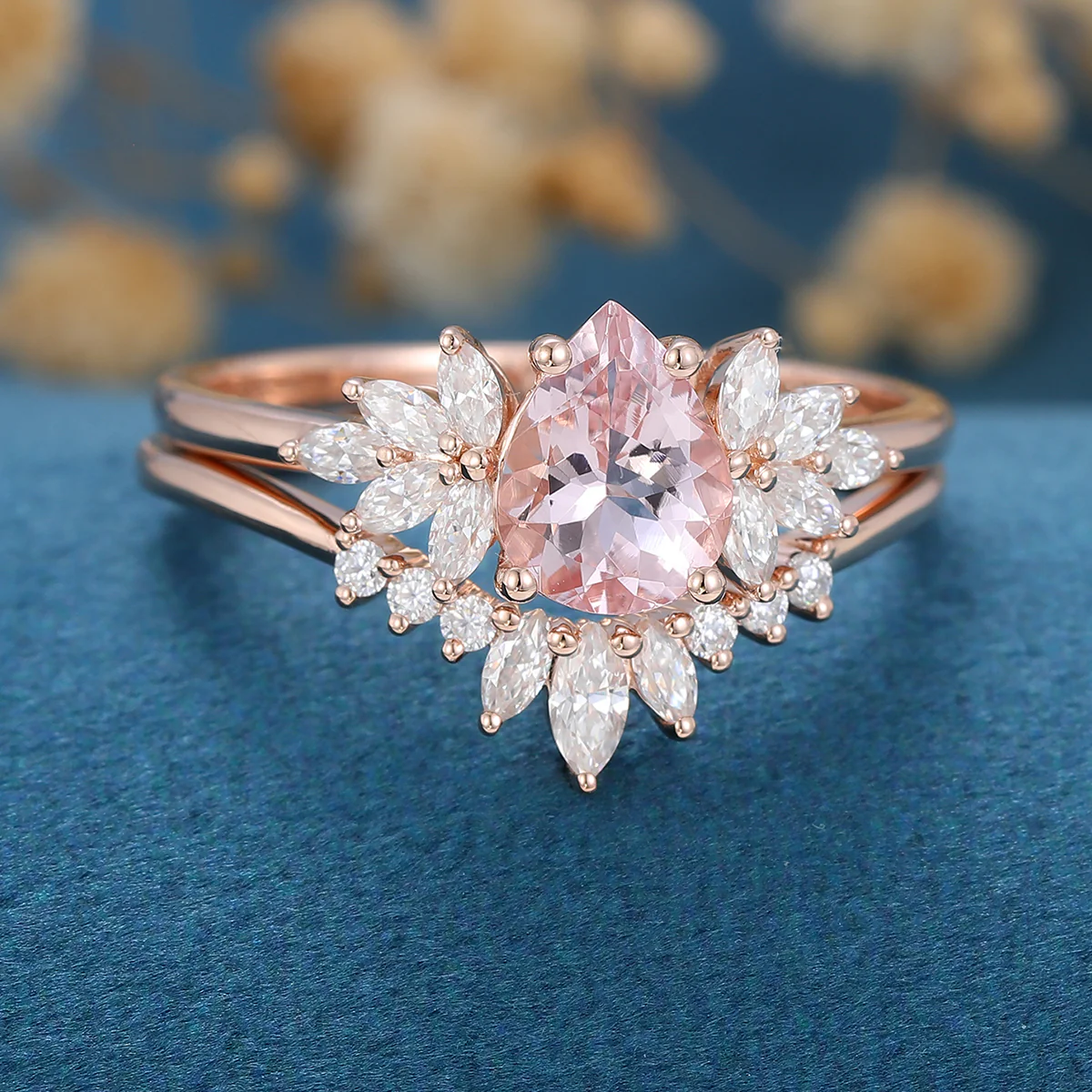Pear cut Morganite Cluster Engagement ring Bridal Set - Image 4