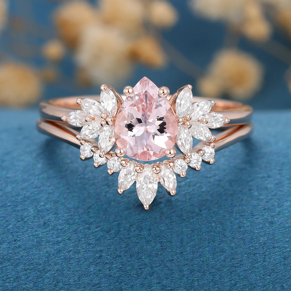 Pear cut Morganite Cluster Engagement ring Bridal Set - Image 5