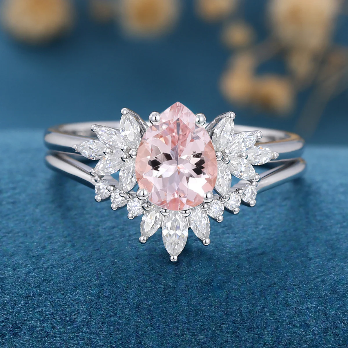 Pear cut Morganite Cluster Engagement ring Bridal Set - Image 6