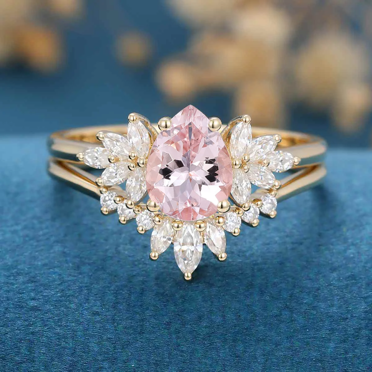 Pear cut Morganite Cluster Engagement ring Bridal Set - Image 7