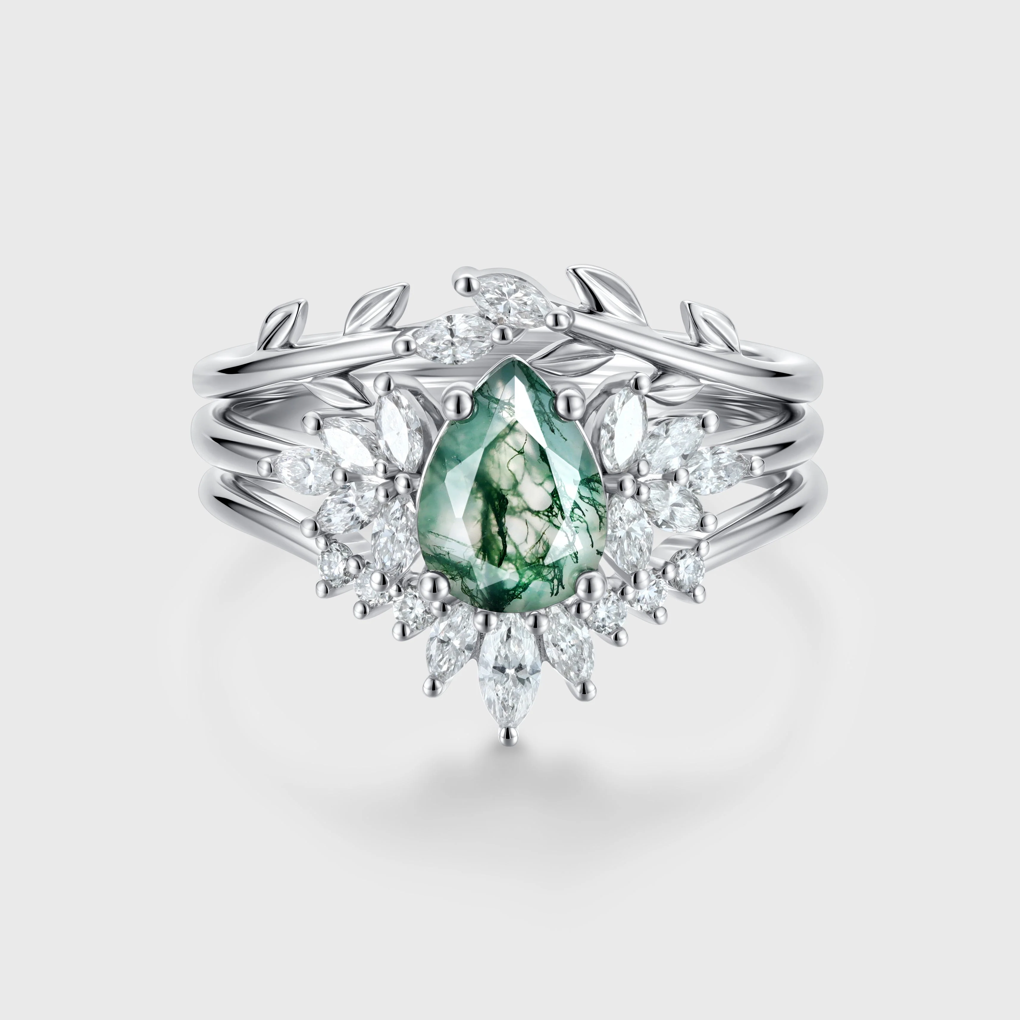 Natural Green Moss Agate 3PCS Pear Cluster Engagement ring Bridal Sets - Image 3