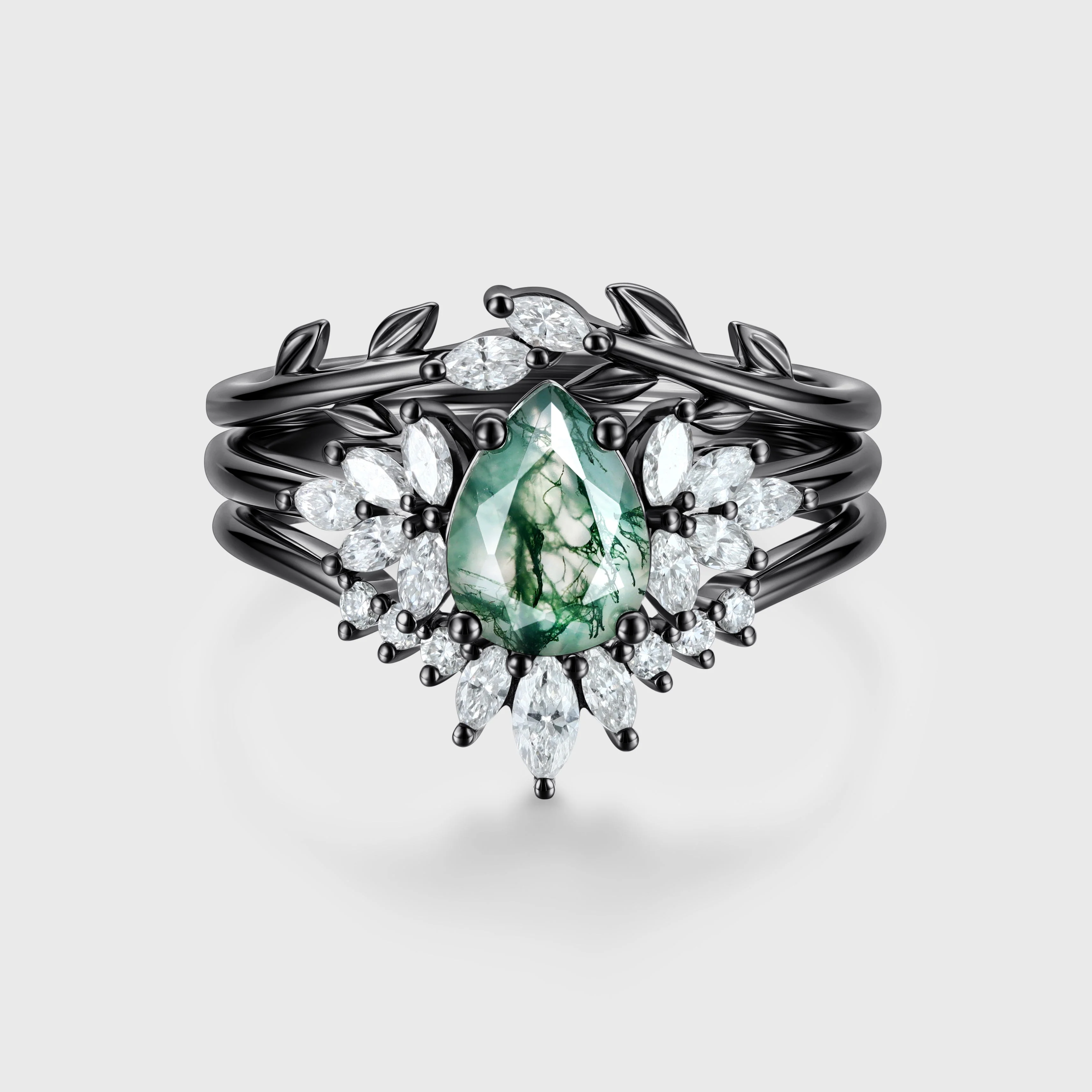 Natural Green Moss Agate 3PCS Pear Cluster Engagement ring Bridal Sets - Image 4