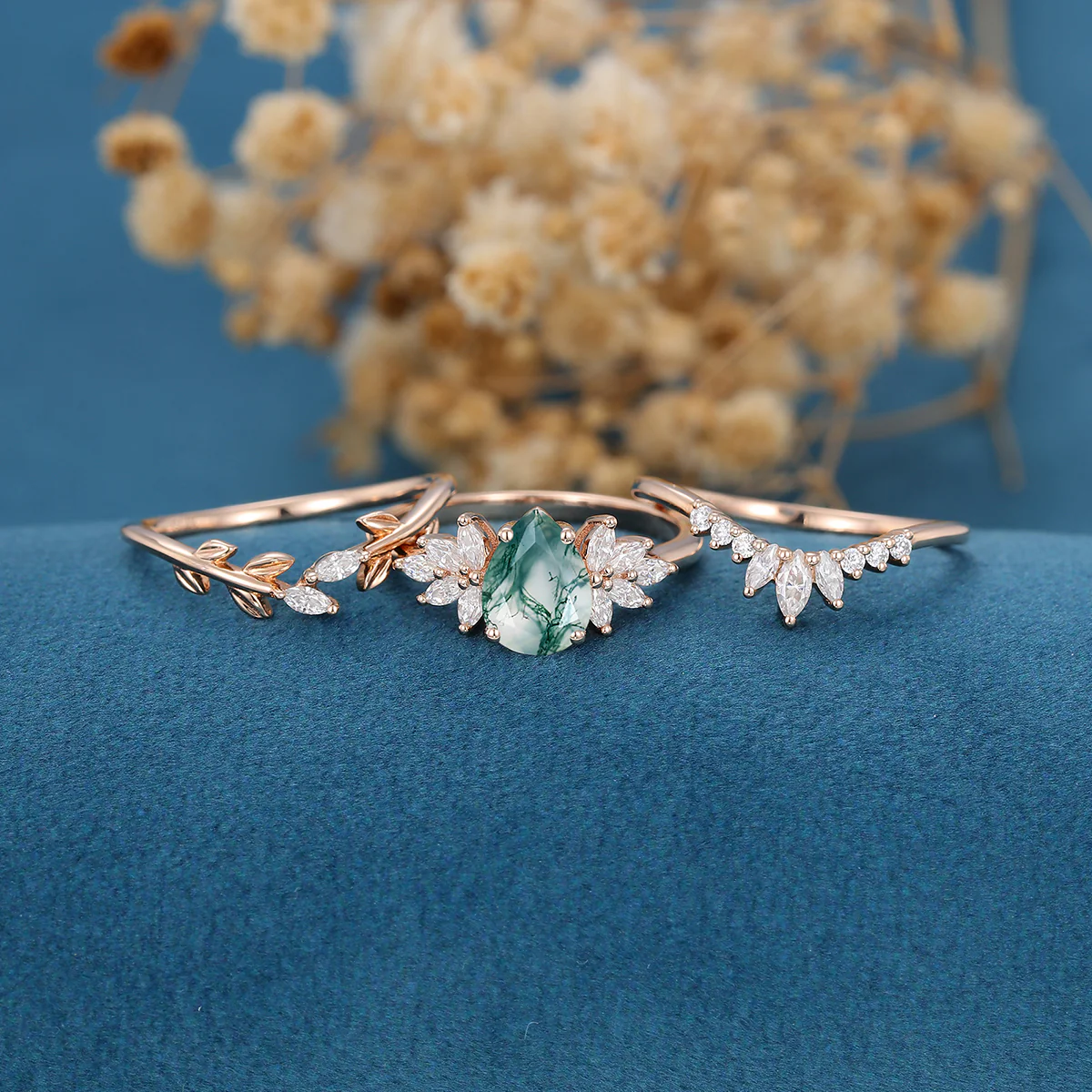 Natural Green Moss Agate 3PCS Pear Cluster Engagement ring Bridal Sets - Image 5