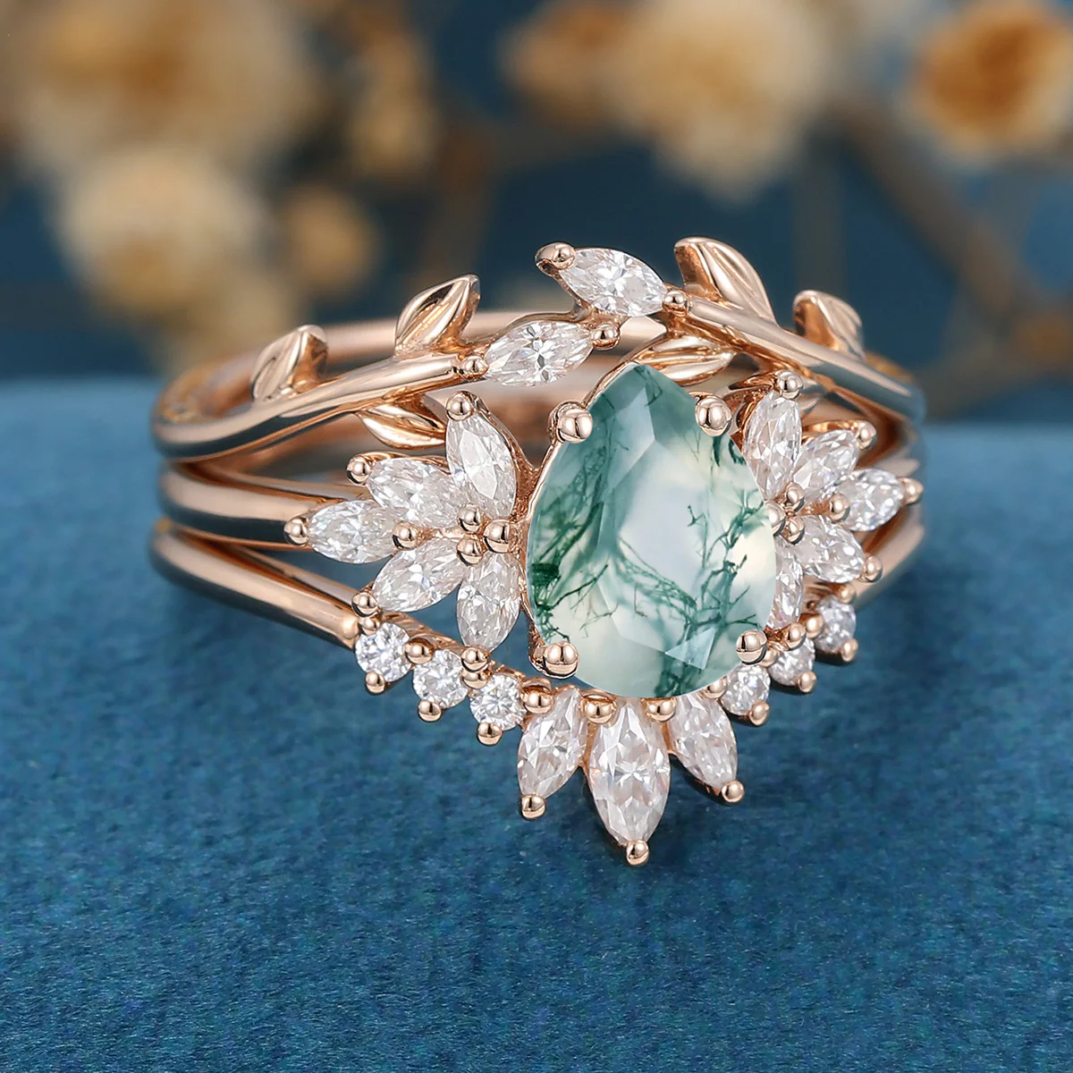 Natural Green Moss Agate 3PCS Pear Cluster Engagement ring Bridal Sets - Image 6