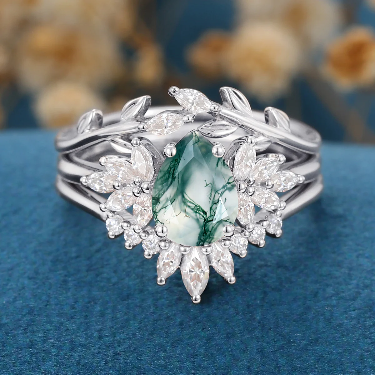 Natural Green Moss Agate 3PCS Pear Cluster Engagement ring Bridal Sets - Image 8