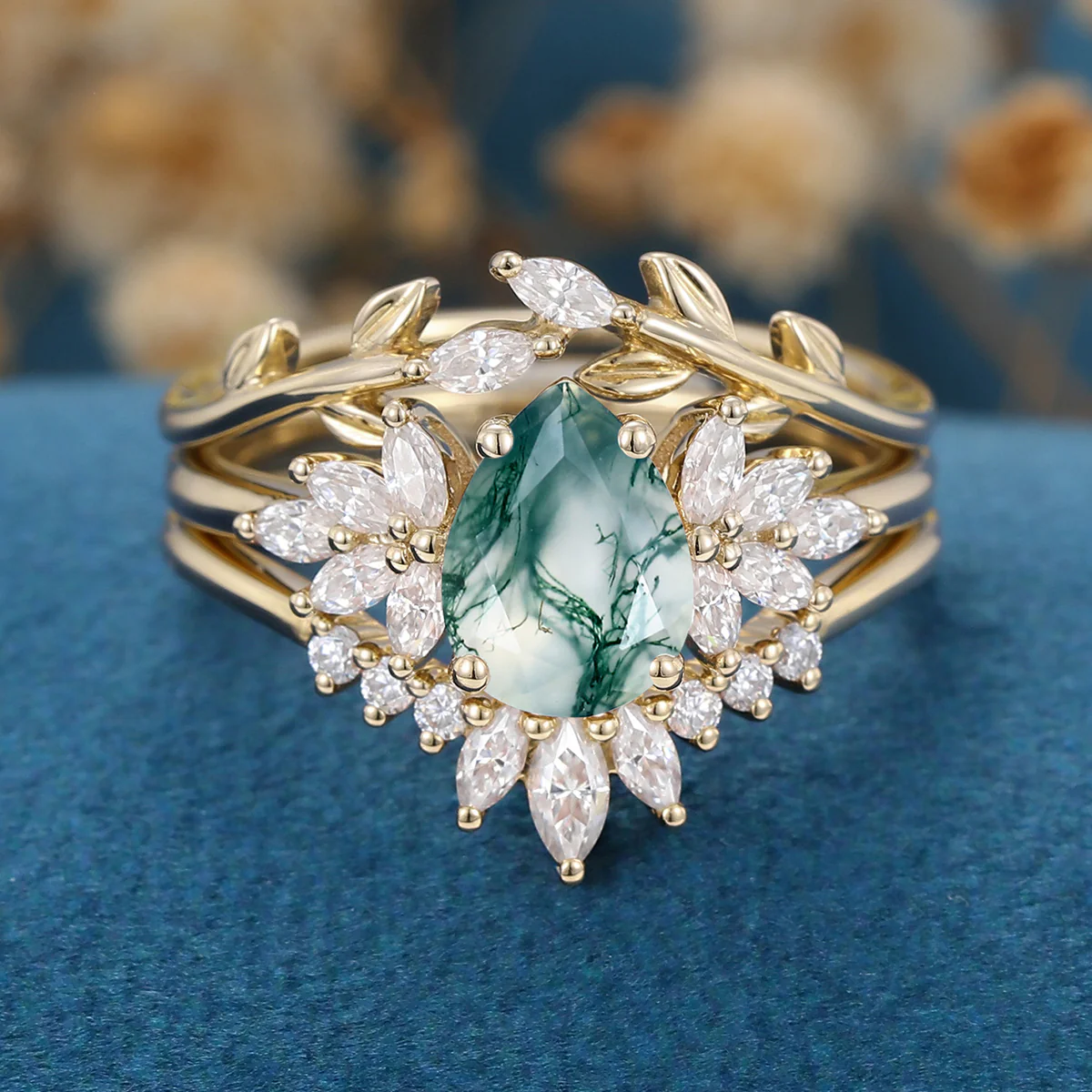 Natural Green Moss Agate 3PCS Pear Cluster Engagement ring Bridal Sets - Image 9