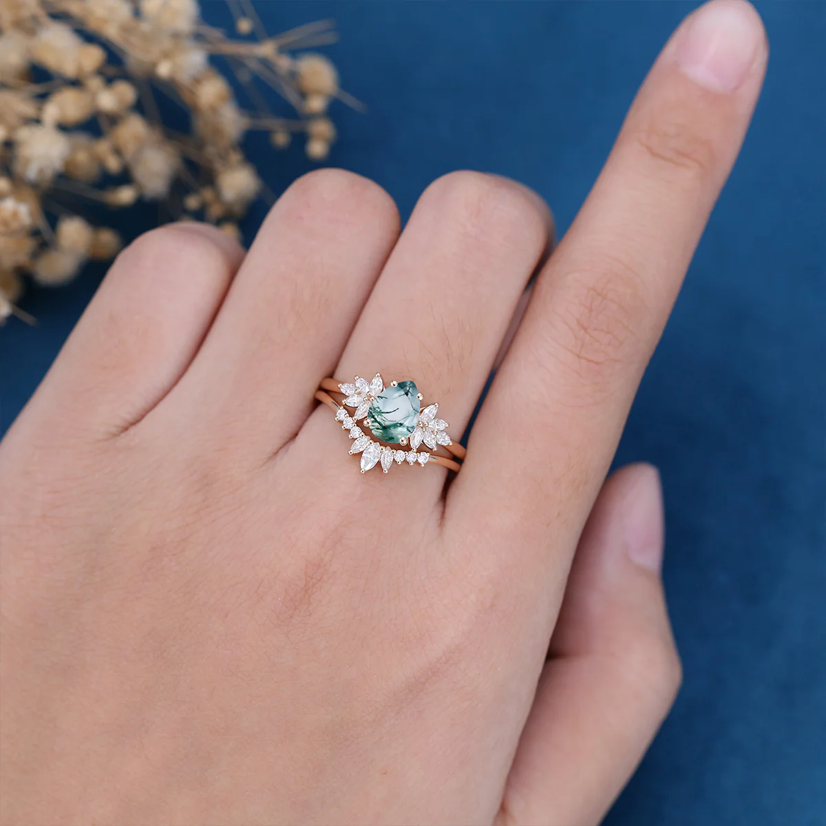 Moss Agate Natural Green Pear cut Cluster Engagement ring Bridal Sets - Image 2