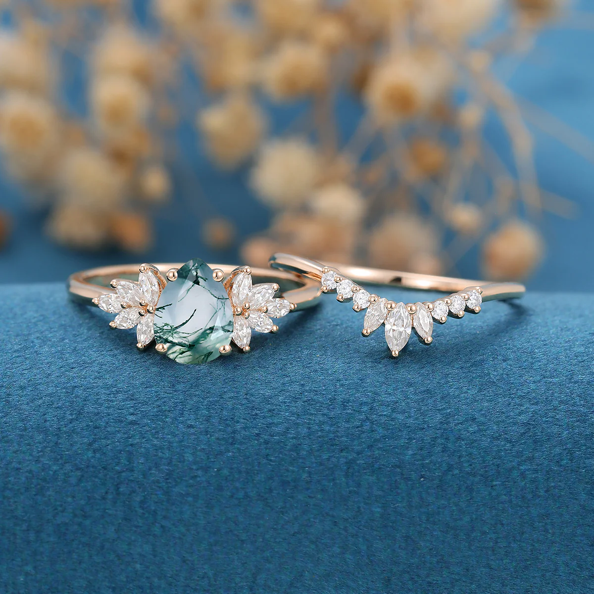 Moss Agate Natural Green Pear cut Cluster Engagement ring Bridal Sets - Image 3
