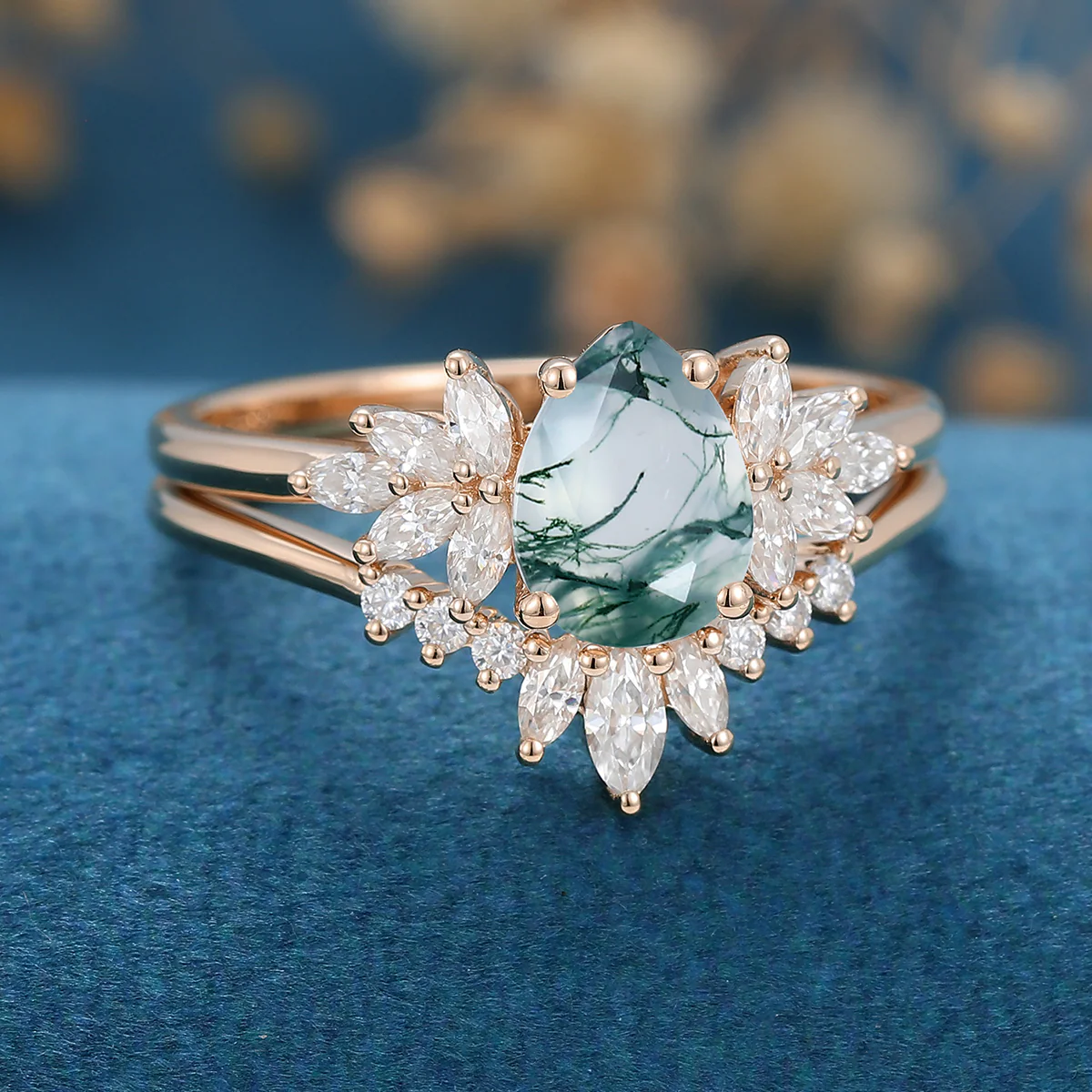 Moss Agate Natural Green Pear cut Cluster Engagement ring Bridal Sets - Image 4