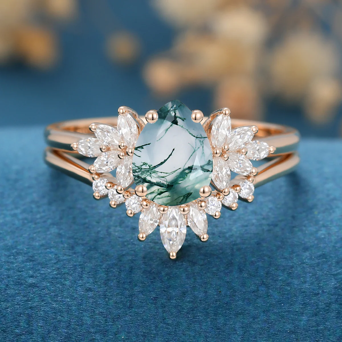 Moss Agate Natural Green Pear cut Cluster Engagement ring Bridal Sets - Image 5