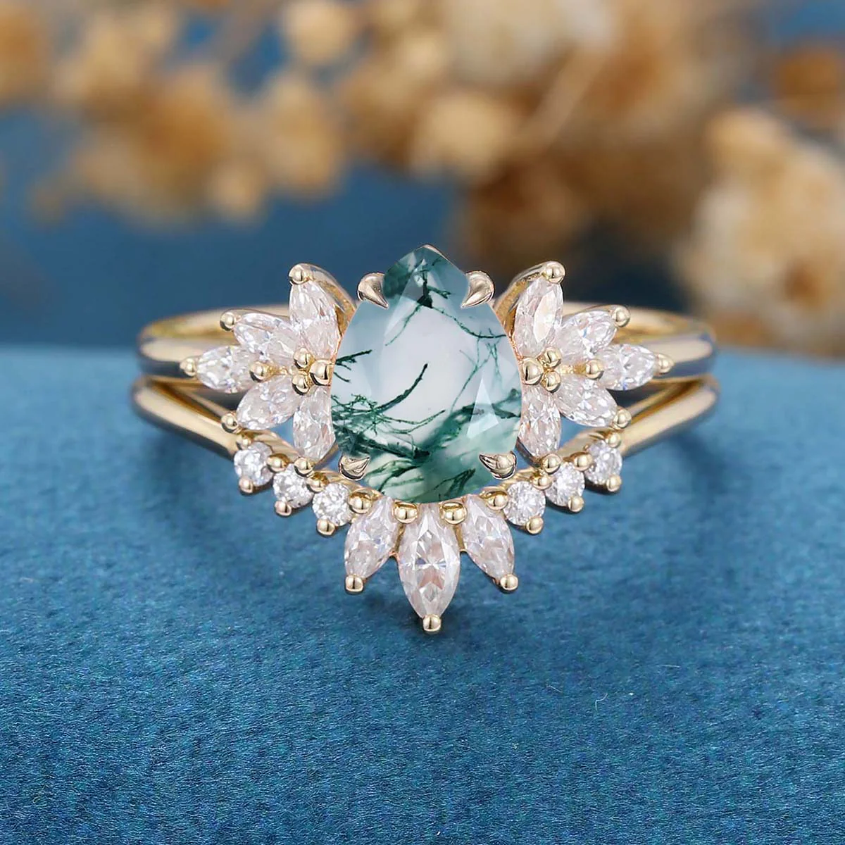 Moss Agate Natural Green Pear cut Cluster Engagement ring Bridal Sets - Image 7